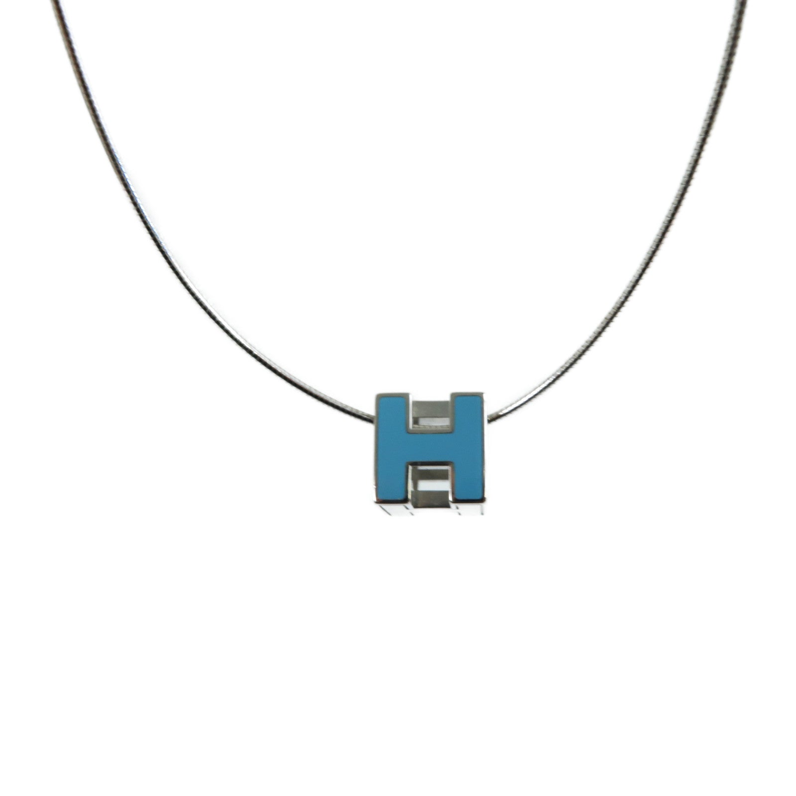HERMES 925純銀Cage D'H銀扣項鍊孔雀藍色
