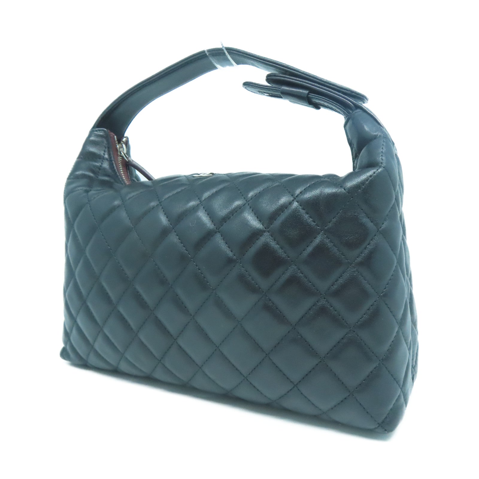 CHANEL 菱格羊皮皮革Handbag銀扣手挽袋黑色