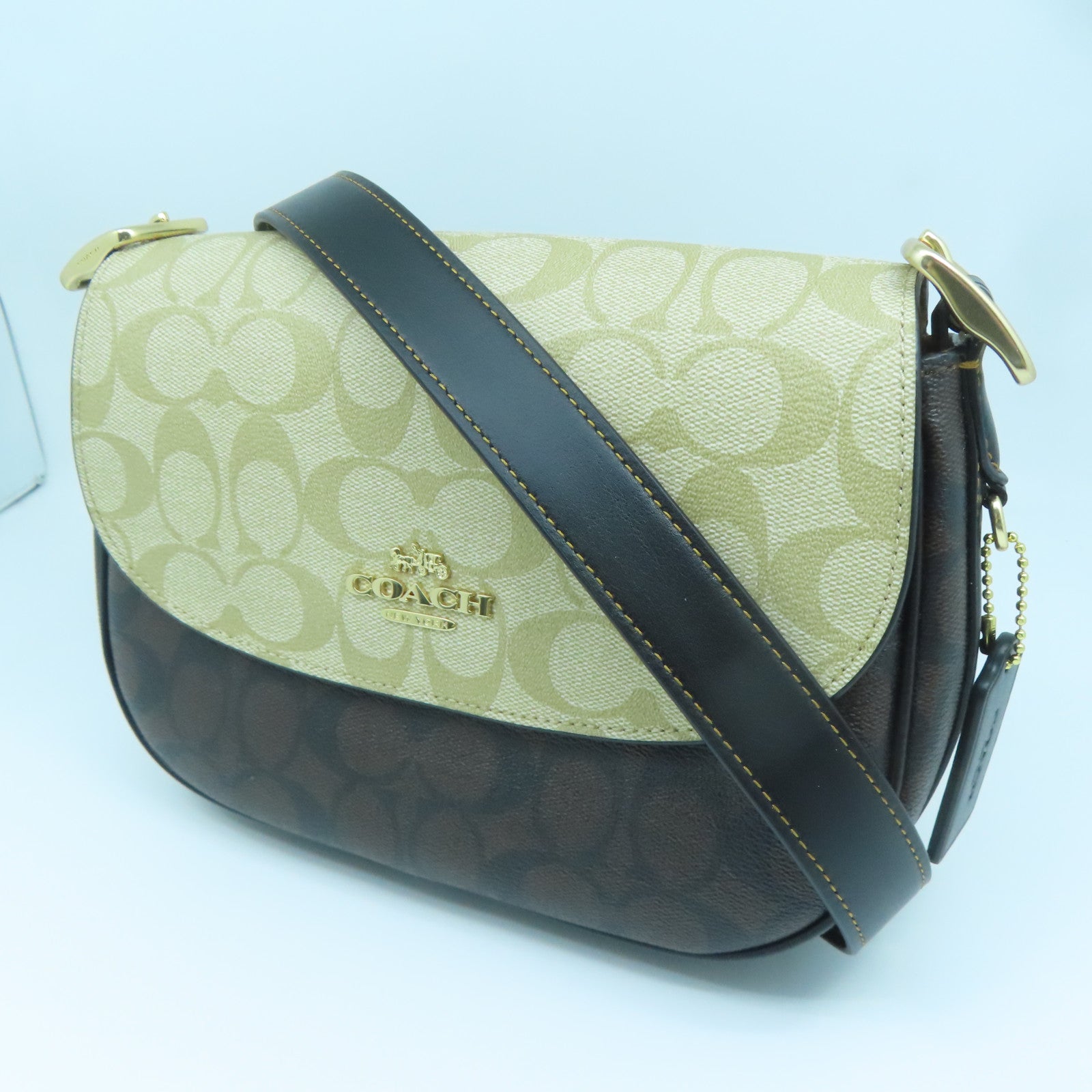 COACH 塗層帆布Shoulder Bag金扣肩背袋啡色米色
