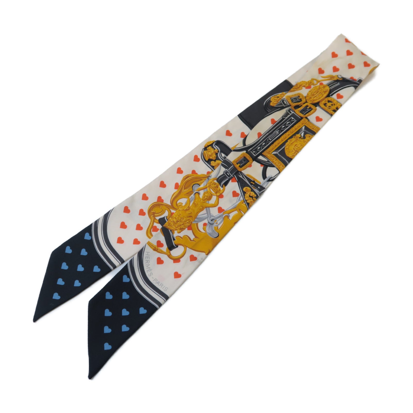 HERMES 絲質Twilly絲巾米色/黑色