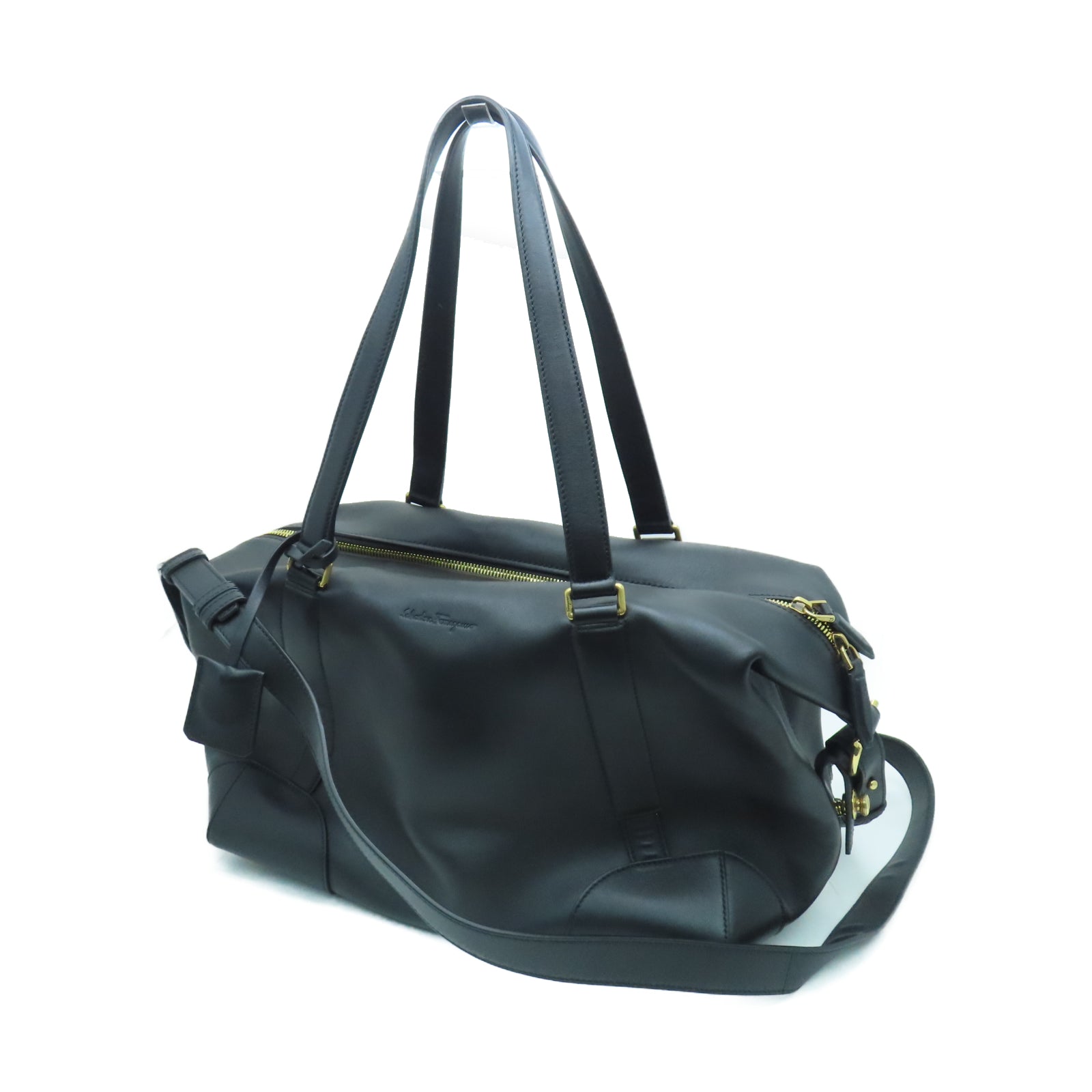 Salvatore Ferragamo Leather Shoulder Bag Gold Buckle Handle Shoulder Bag Black