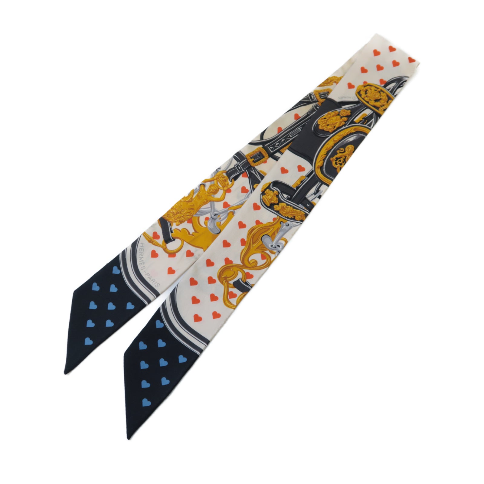 HERMES 絲質Twilly絲巾米色/黑色