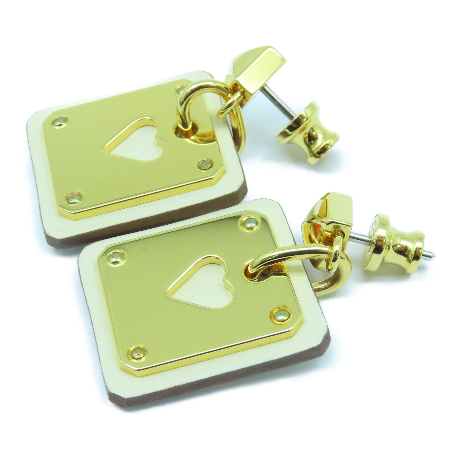 HERMES 金屬/Swift皮革As de Coeur Earrings金扣耳環金色/Nata奶油白色