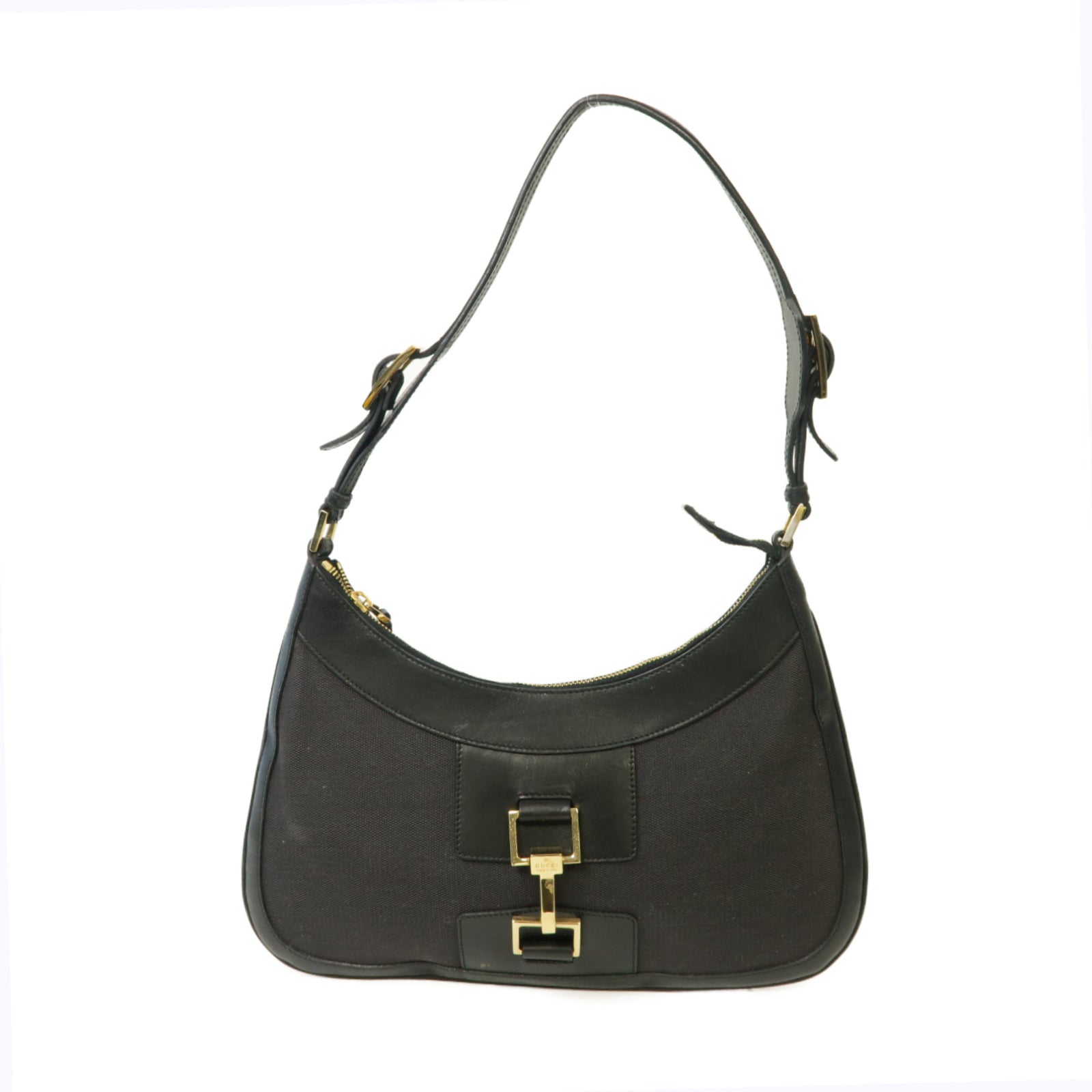 GUCCI 帆布/牛皮皮革Jackie Shoulder Bag金扣肩背袋黑色