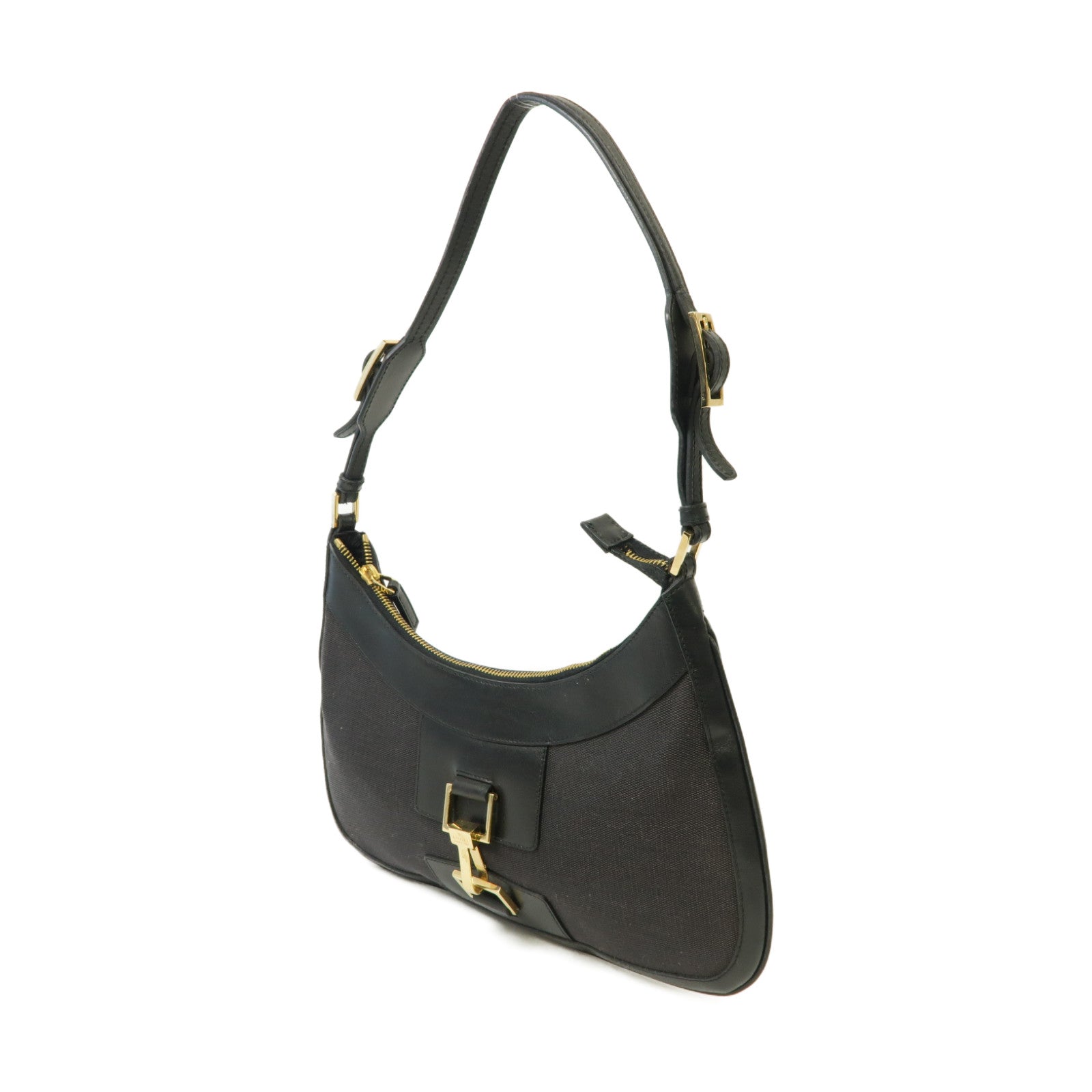 GUCCI 帆布/牛皮皮革Jackie Shoulder Bag金扣肩背袋黑色