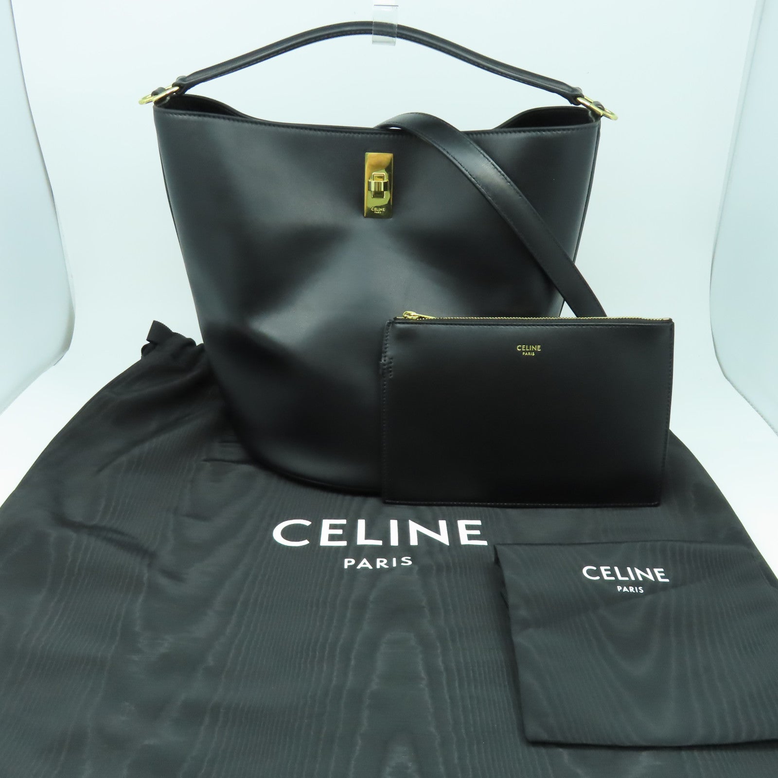 CELINE 【激減優惠】牛皮皮革Bucket 16金扣手挽肩背兩用袋黑色