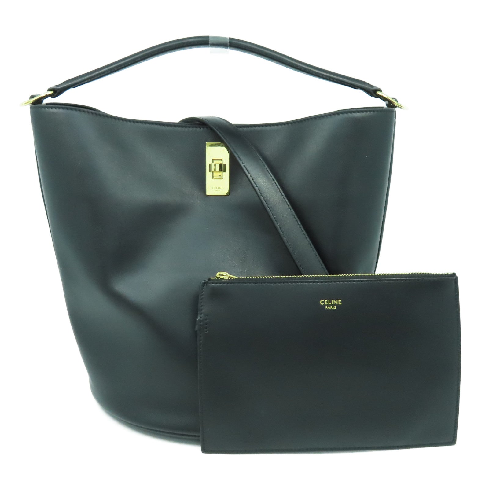 CELINE 【激減優惠】牛皮皮革Bucket 16金扣手挽肩背兩用袋黑色