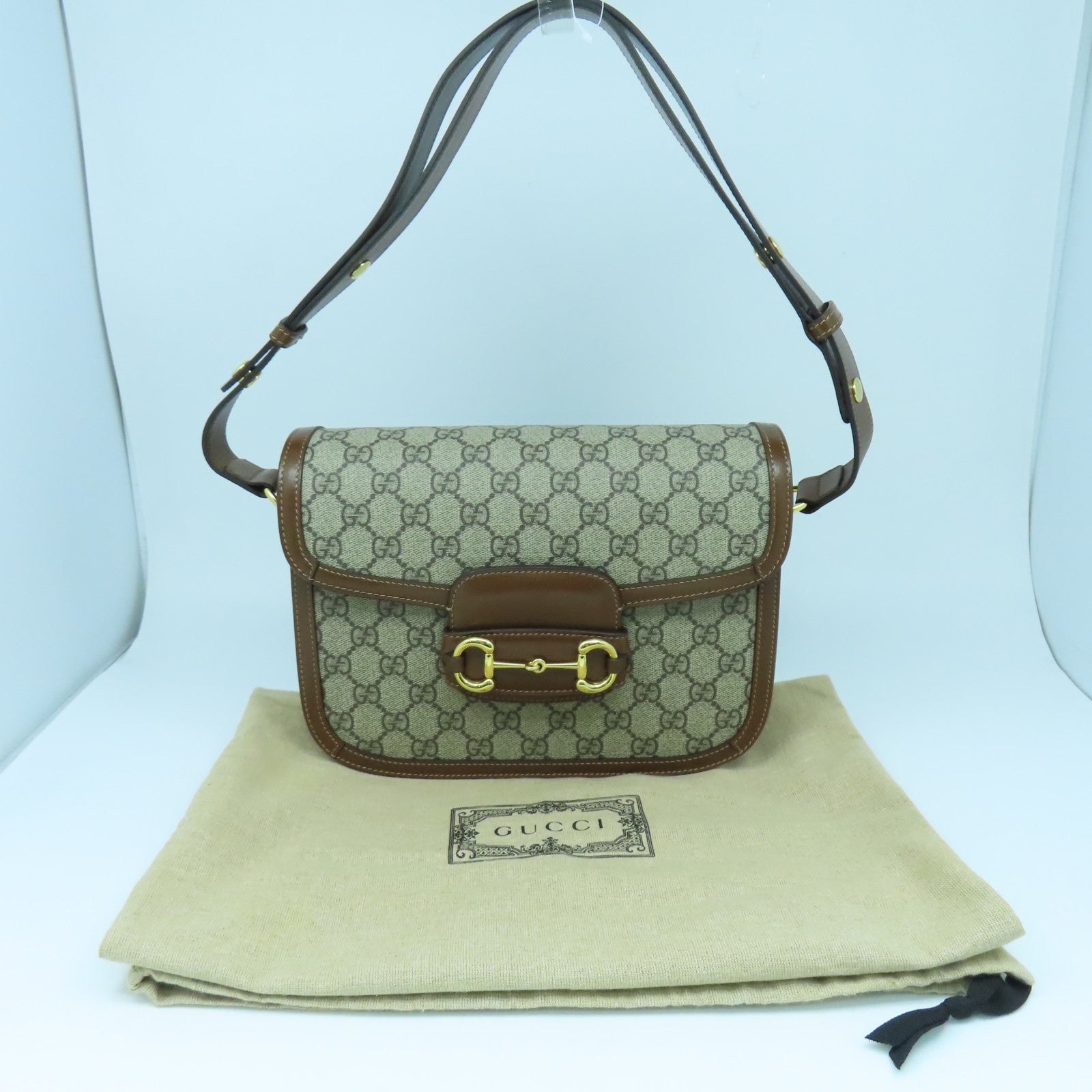 GUCCI Coated Canvas GG Supreme 1955 Gold Buckle Shoulder Bag Brown