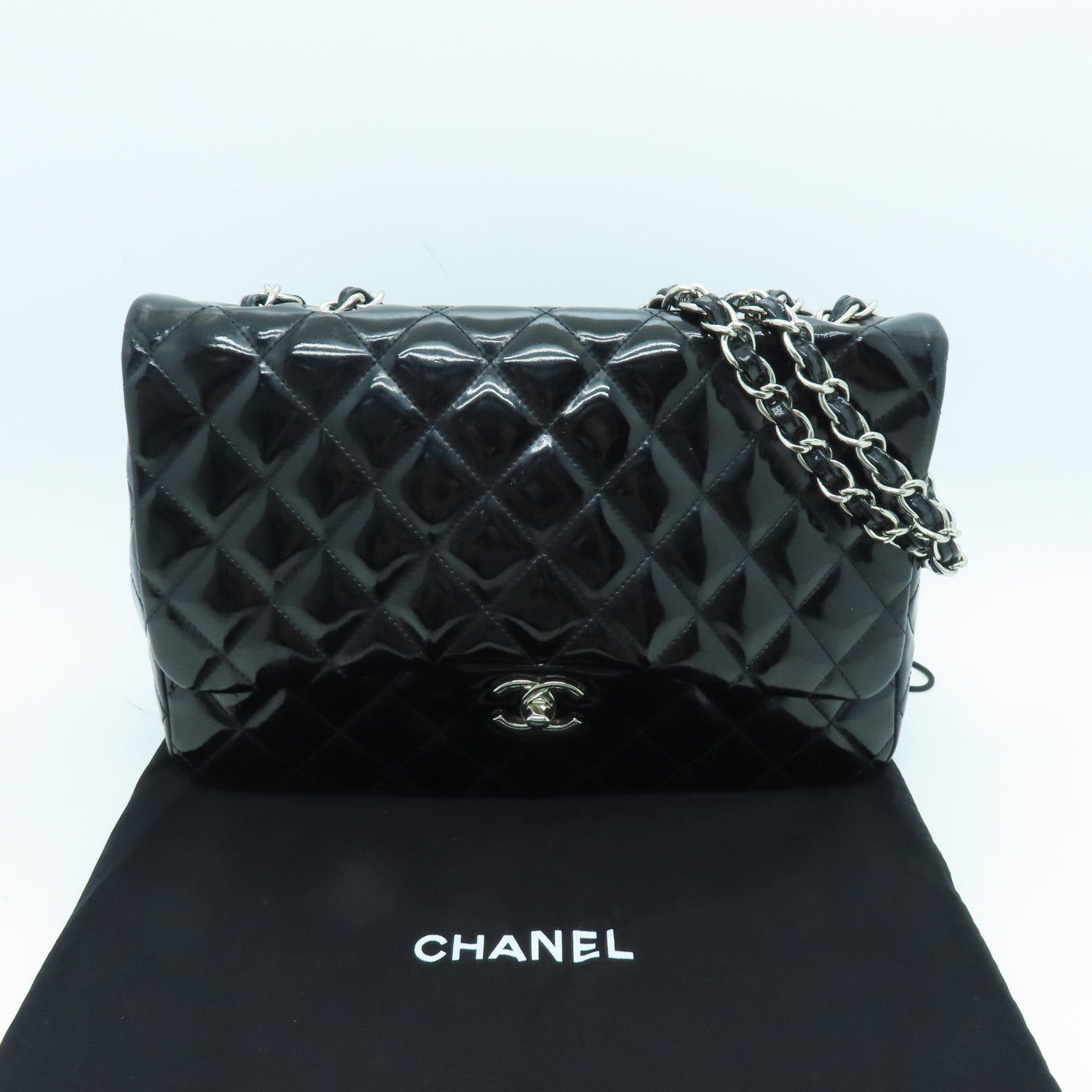 CHANEL diamond patent leather Chain Shoulder silver buckle chain shoulder bag black
