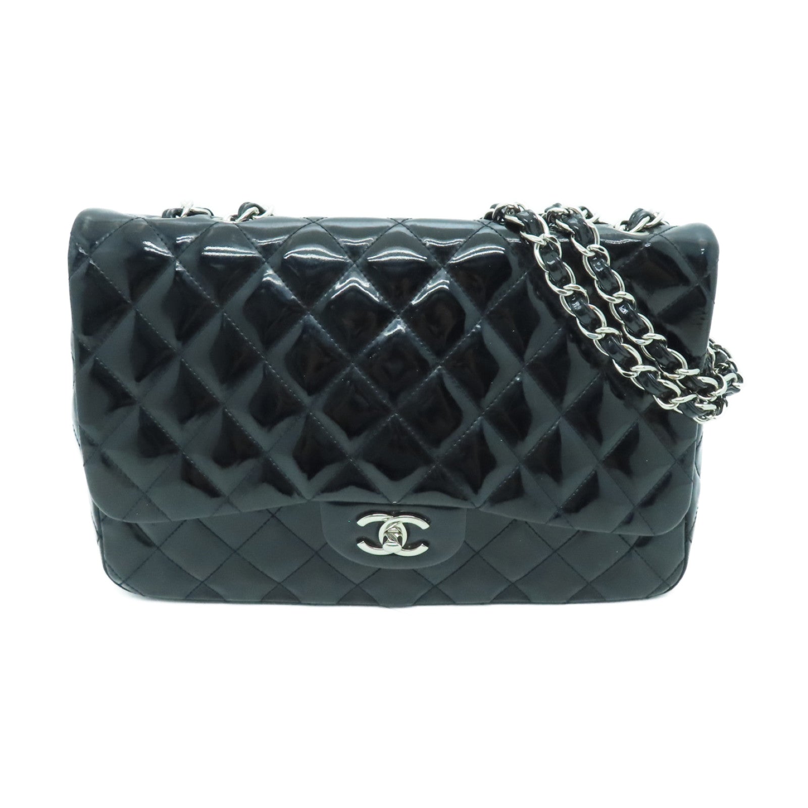 CHANEL diamond patent leather Chain Shoulder silver buckle chain shoulder bag black