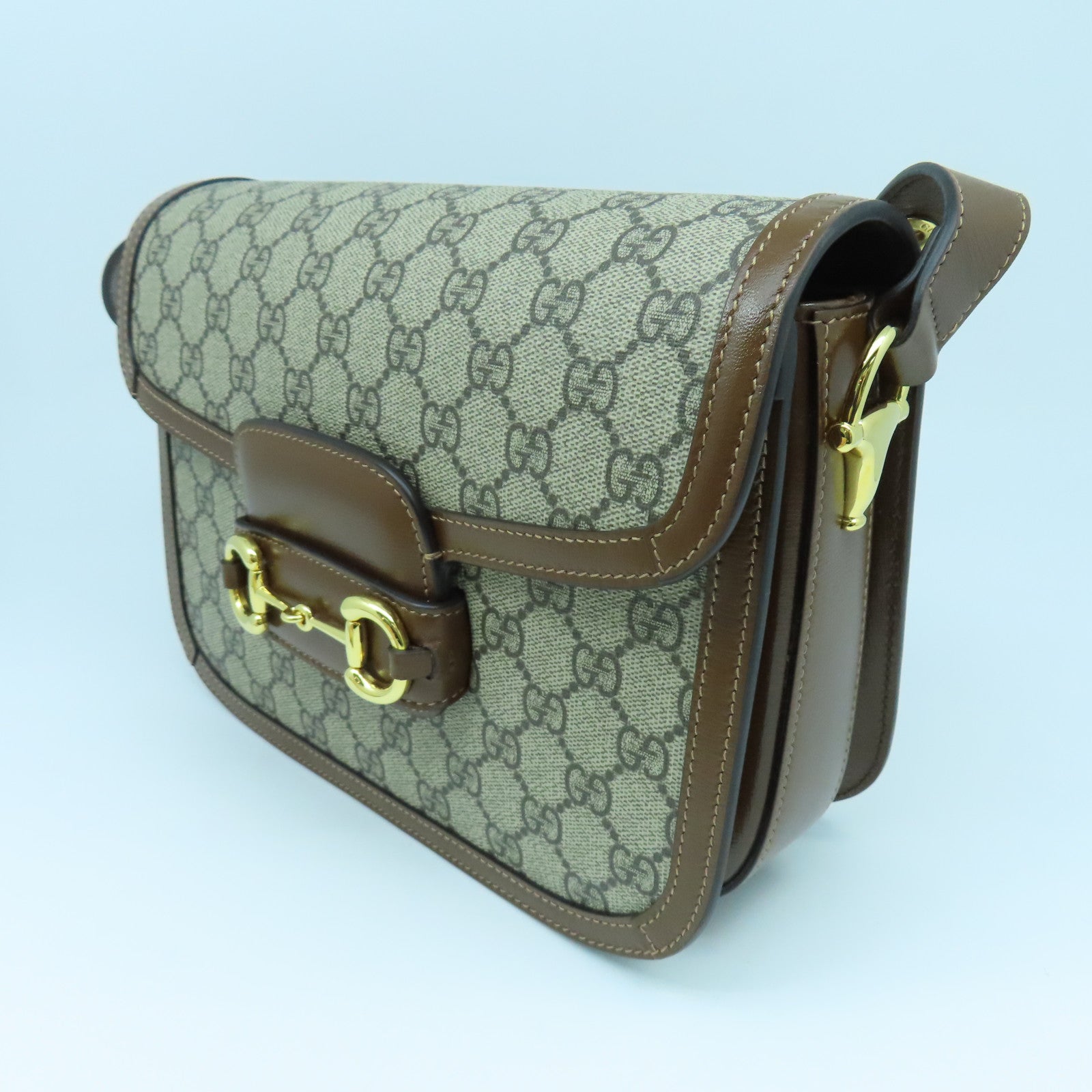 GUCCI Coated Canvas GG Supreme 1955 Gold Buckle Shoulder Bag Brown
