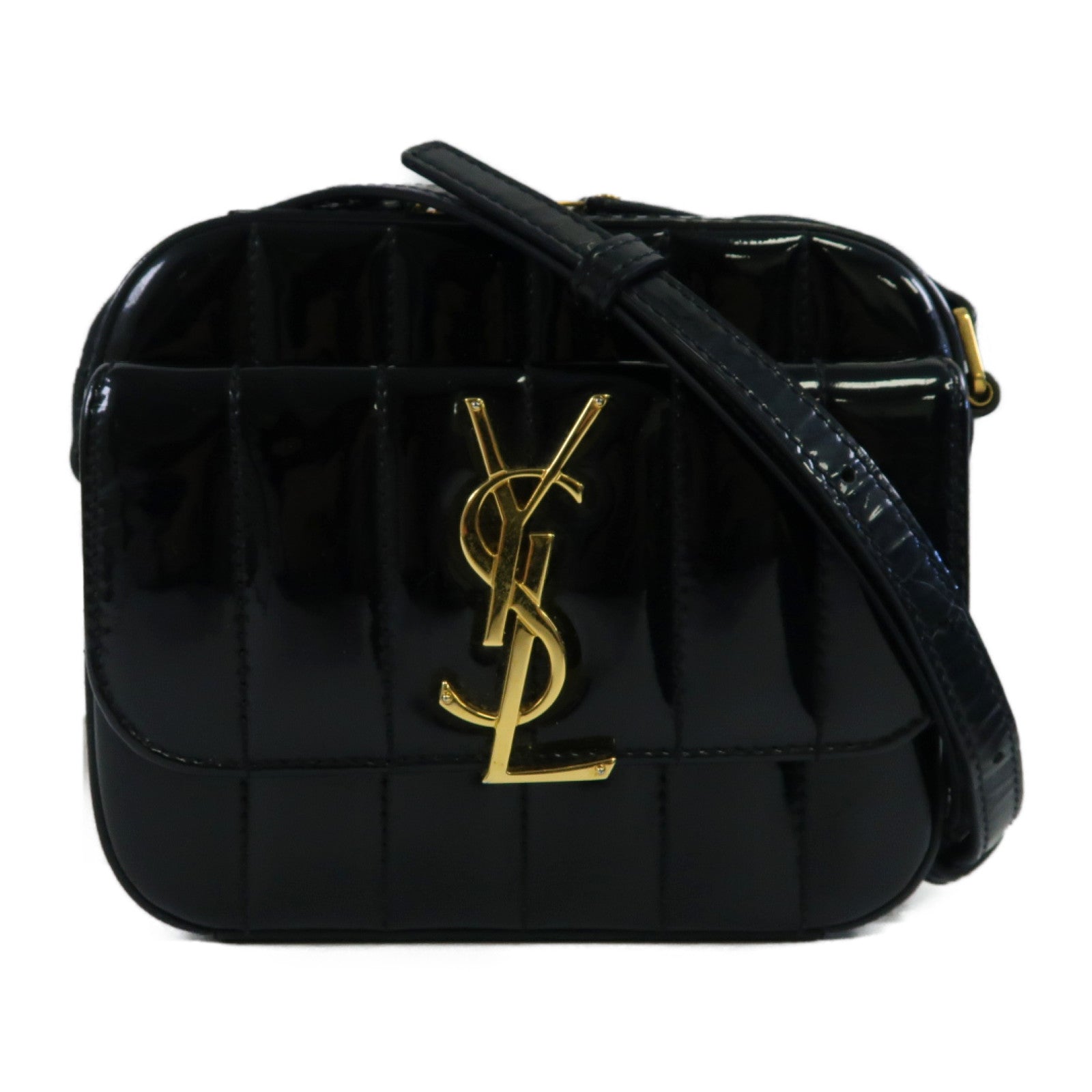 SAINT LAURENT 漆皮皮革Mini Vicky金扣肩背袋黑色