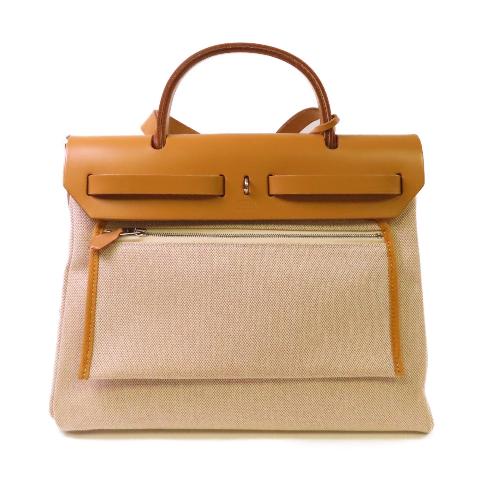 HERMES Toile H帆布Herbag PM Zip Retourne 31 Limited Edition 2Way Shoulder Bag銀扣手挽肩背兩用袋杏色/啡色