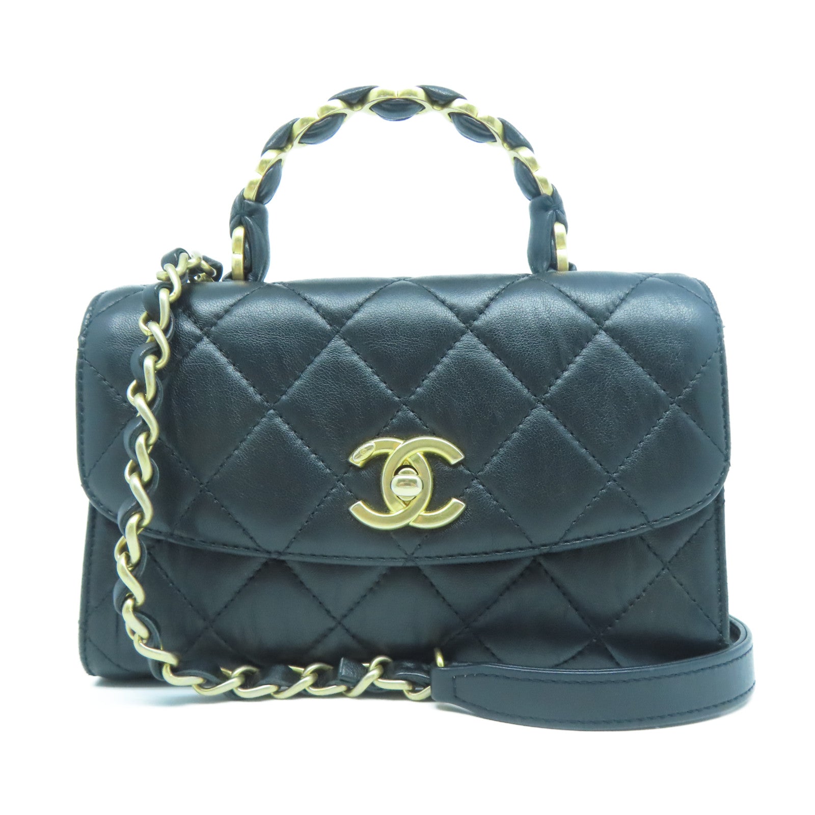 CHANEL 菱格羊皮皮革Mini Flap Bag With Top Handle金扣手挽肩背兩用袋黑色