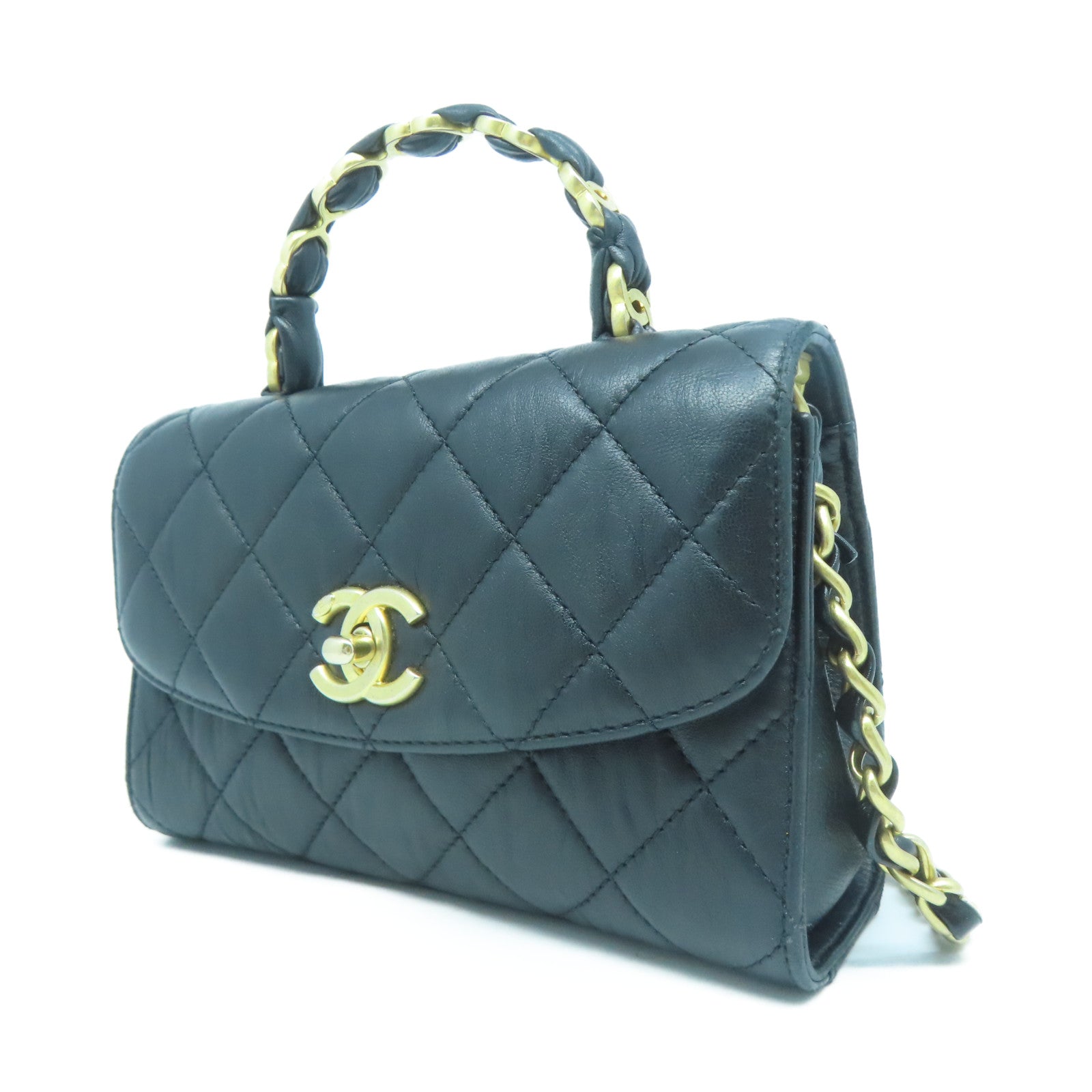 CHANEL 菱格羊皮皮革Mini Flap Bag With Top Handle金扣手挽肩背兩用袋黑色