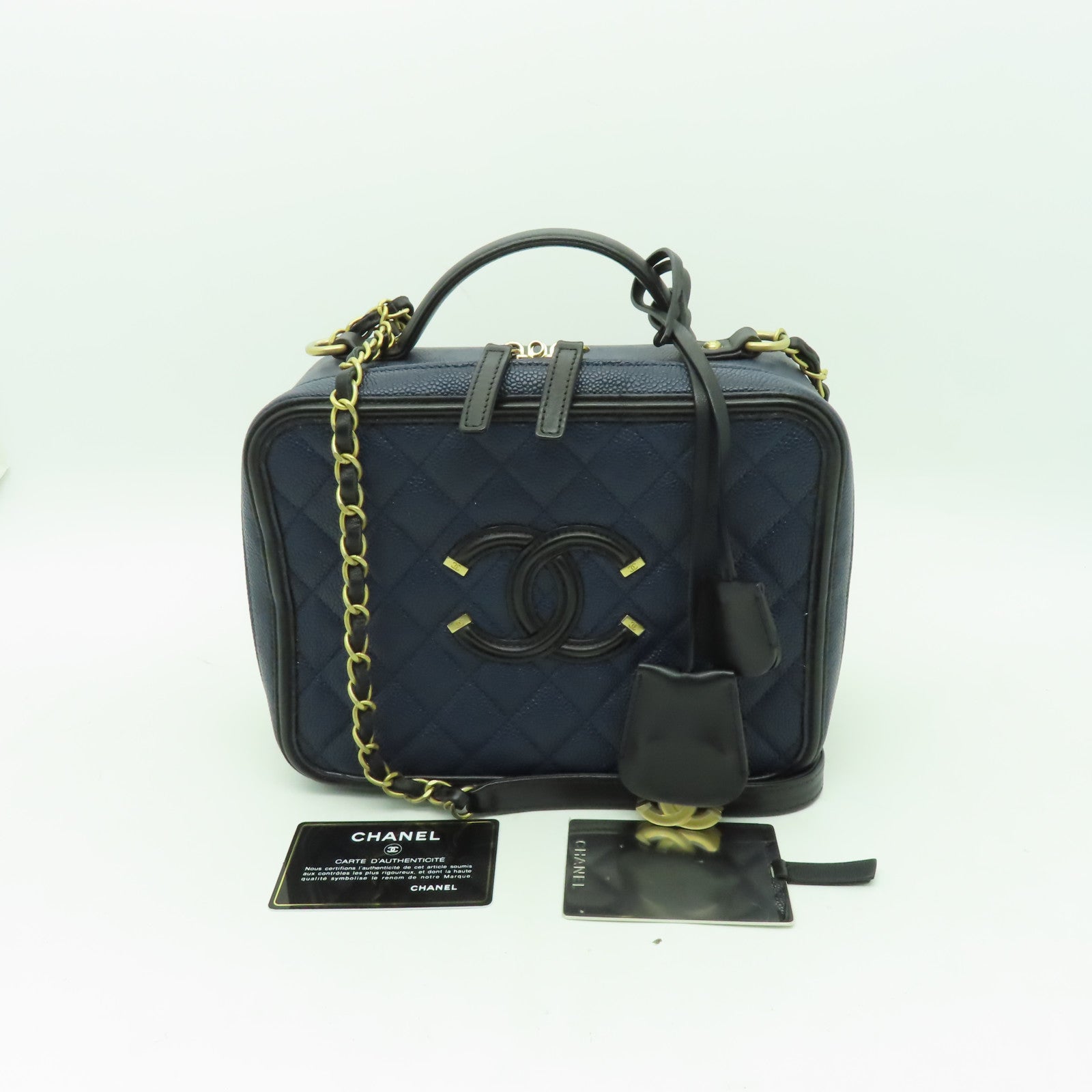 CHANEL 【激減優惠】菱格Caviar皮革Filigree Vanity Case金扣手挽肩背兩用袋藍色