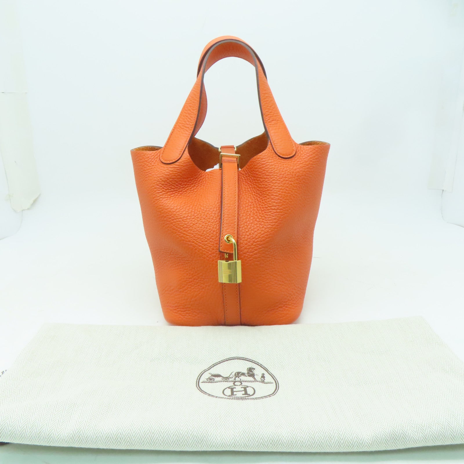 HERMES Clemence皮革Picotin PM金扣手挽袋橙色