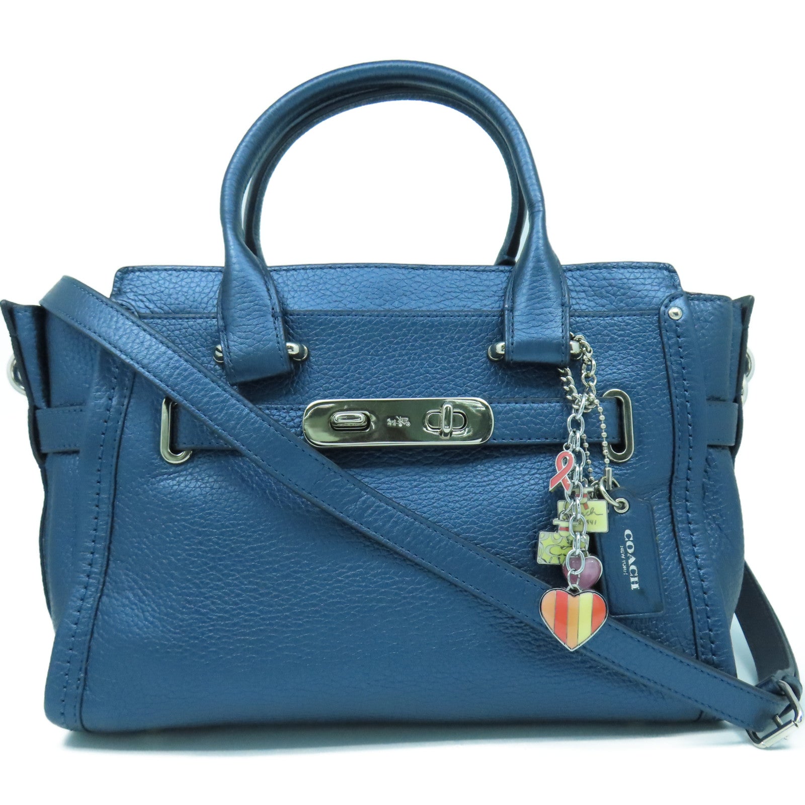 COACH 牛皮皮革2 Way Shoulder銀扣手挽肩背兩用袋藍色