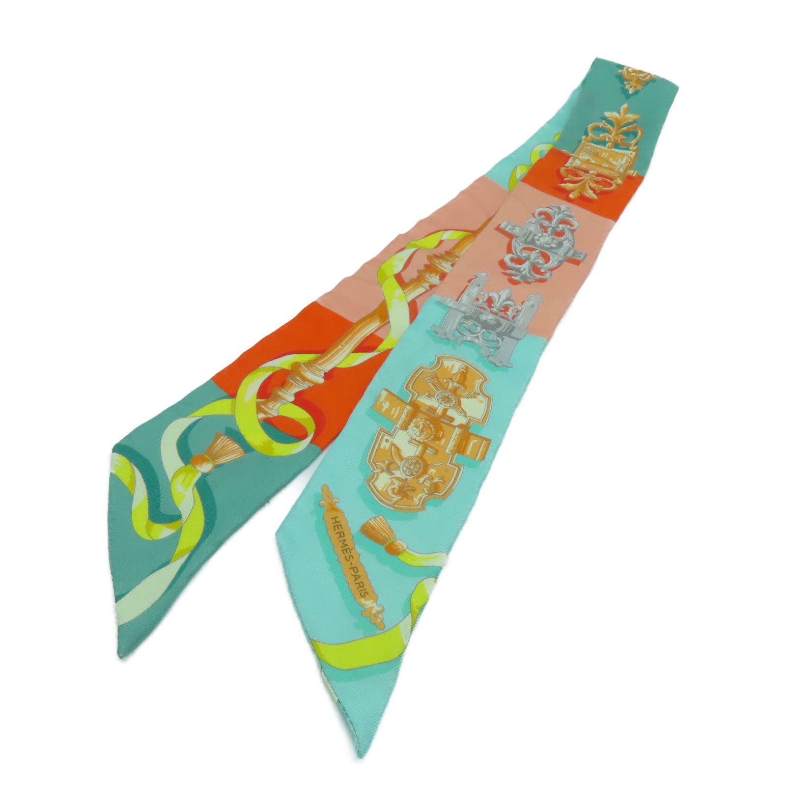 HERMES 絲質Twilly Scarf圍巾橙色/綠色
