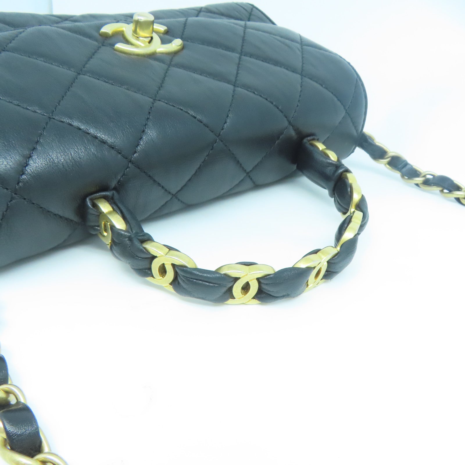 CHANEL 菱格羊皮皮革Mini Flap Bag With Top Handle金扣手挽肩背兩用袋黑色