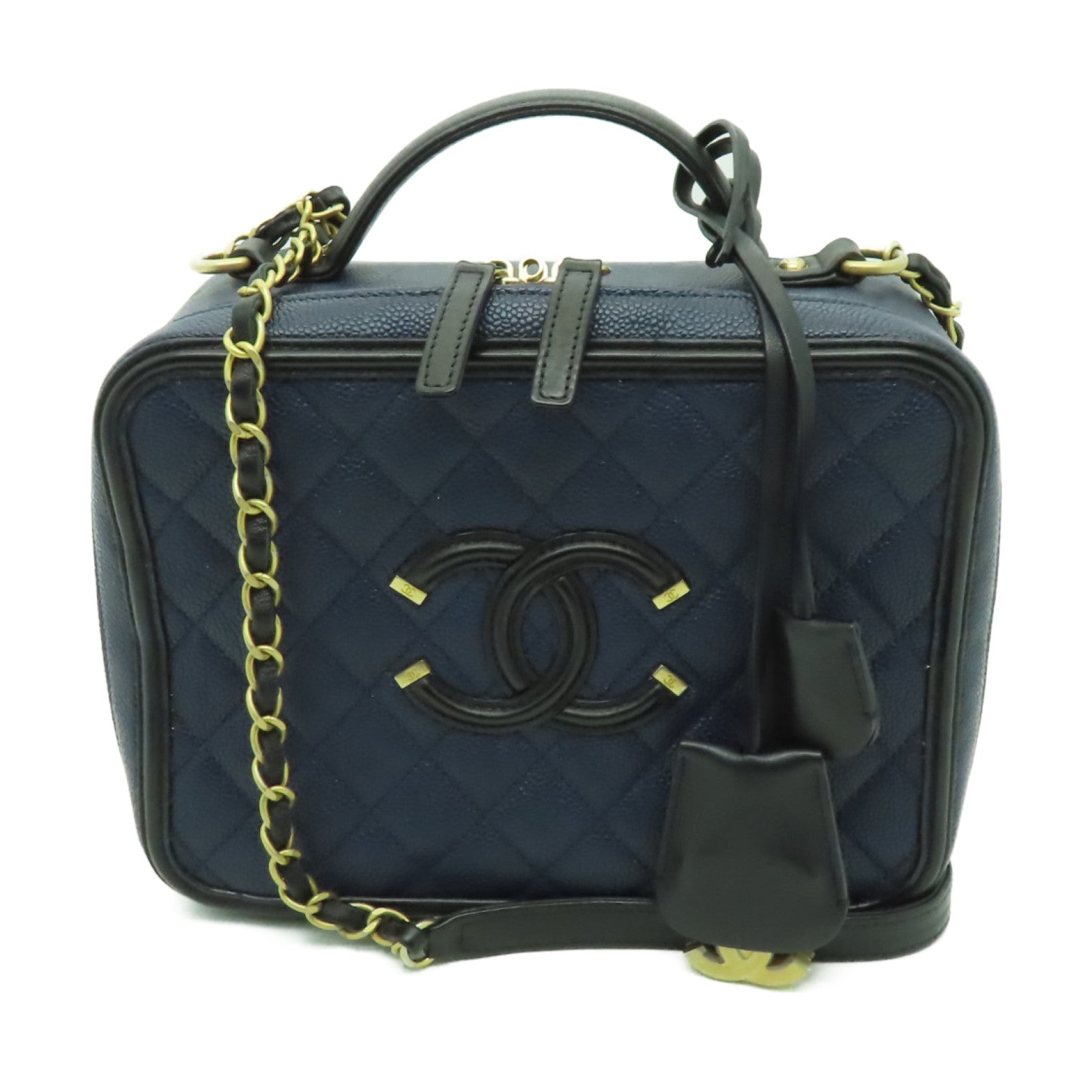 CHANEL 【激減優惠】菱格Caviar皮革Filigree Vanity Case金扣手挽肩背兩用袋藍色