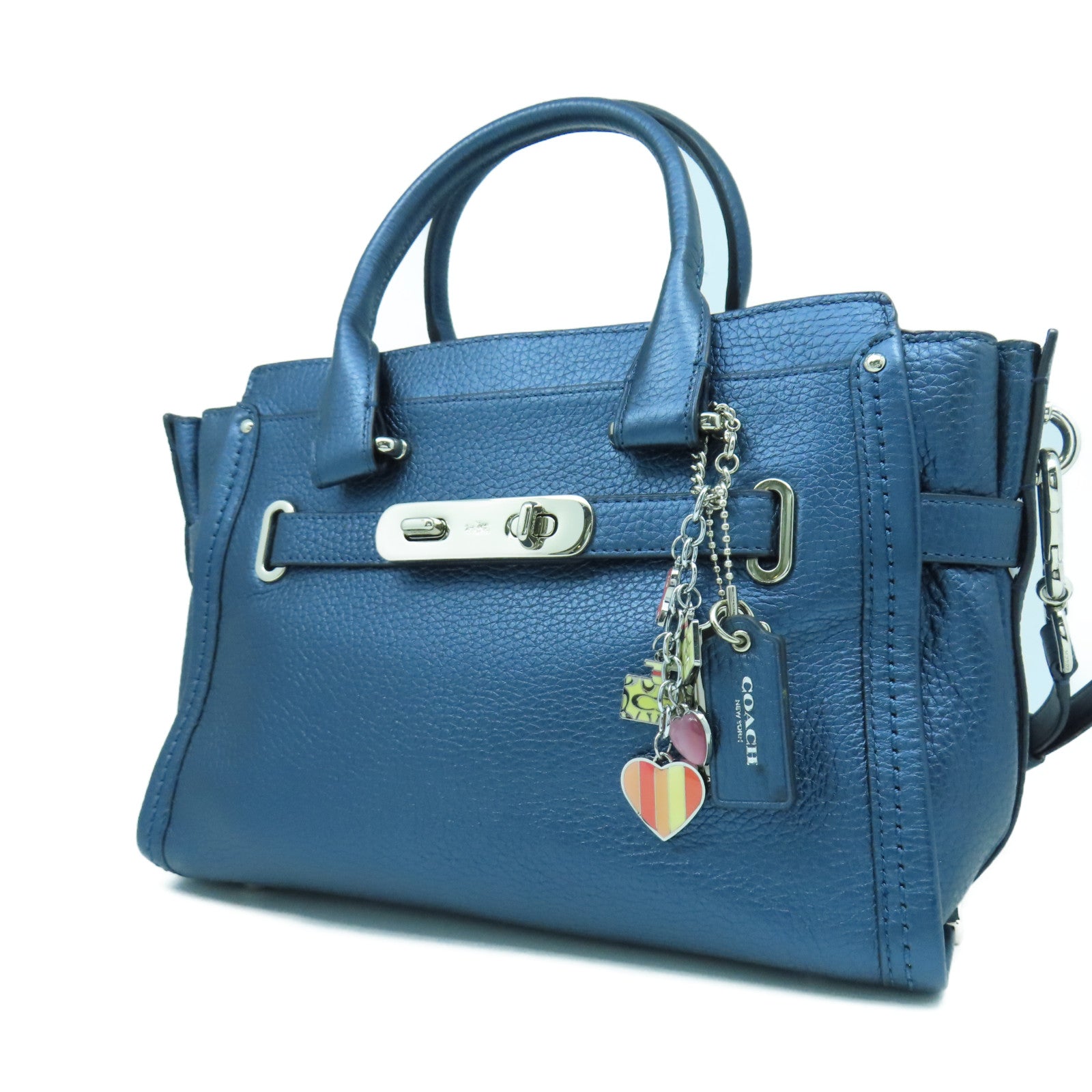 COACH 牛皮皮革2 Way Shoulder銀扣手挽肩背兩用袋藍色