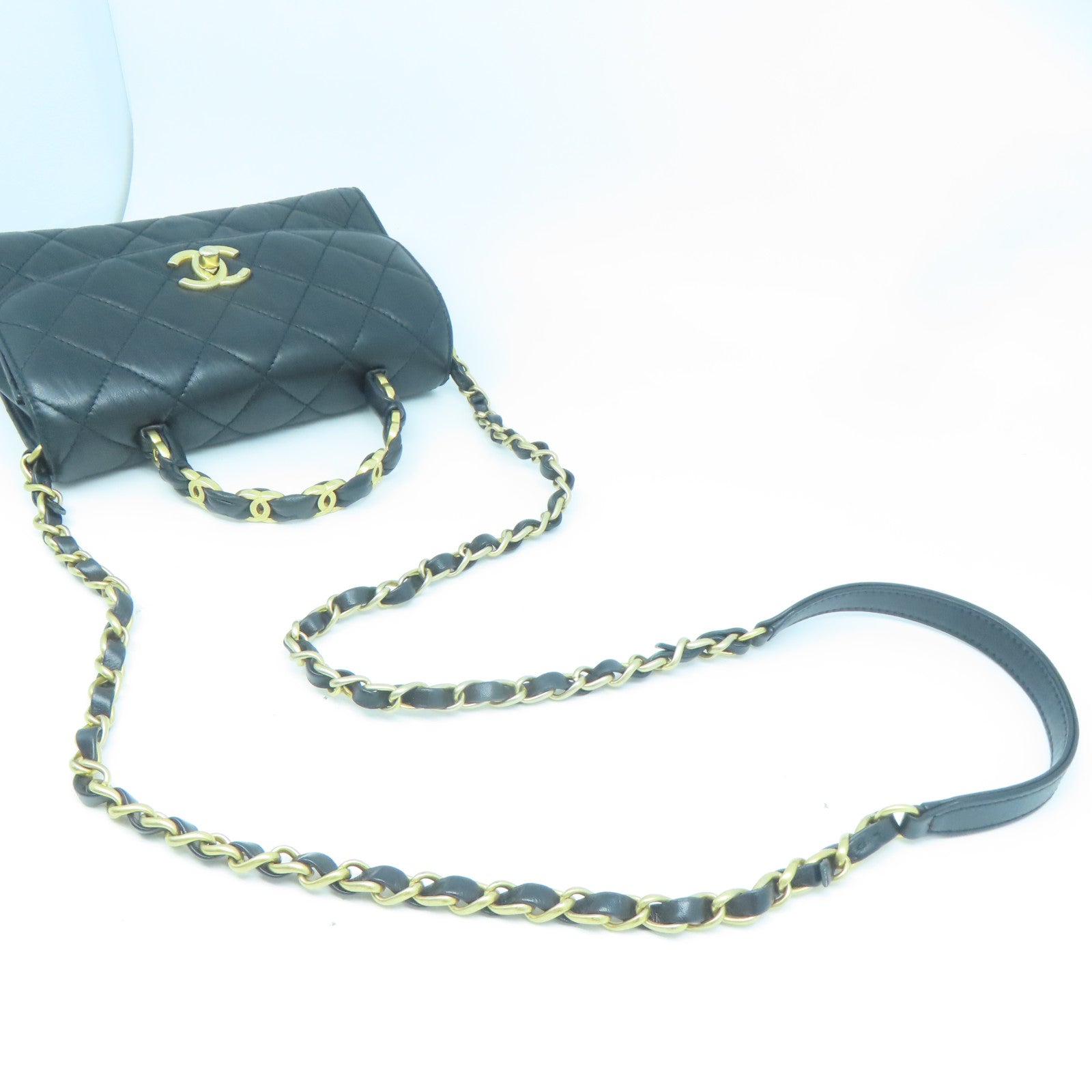 CHANEL 菱格羊皮皮革Mini Flap Bag With Top Handle金扣手挽肩背兩用袋黑色