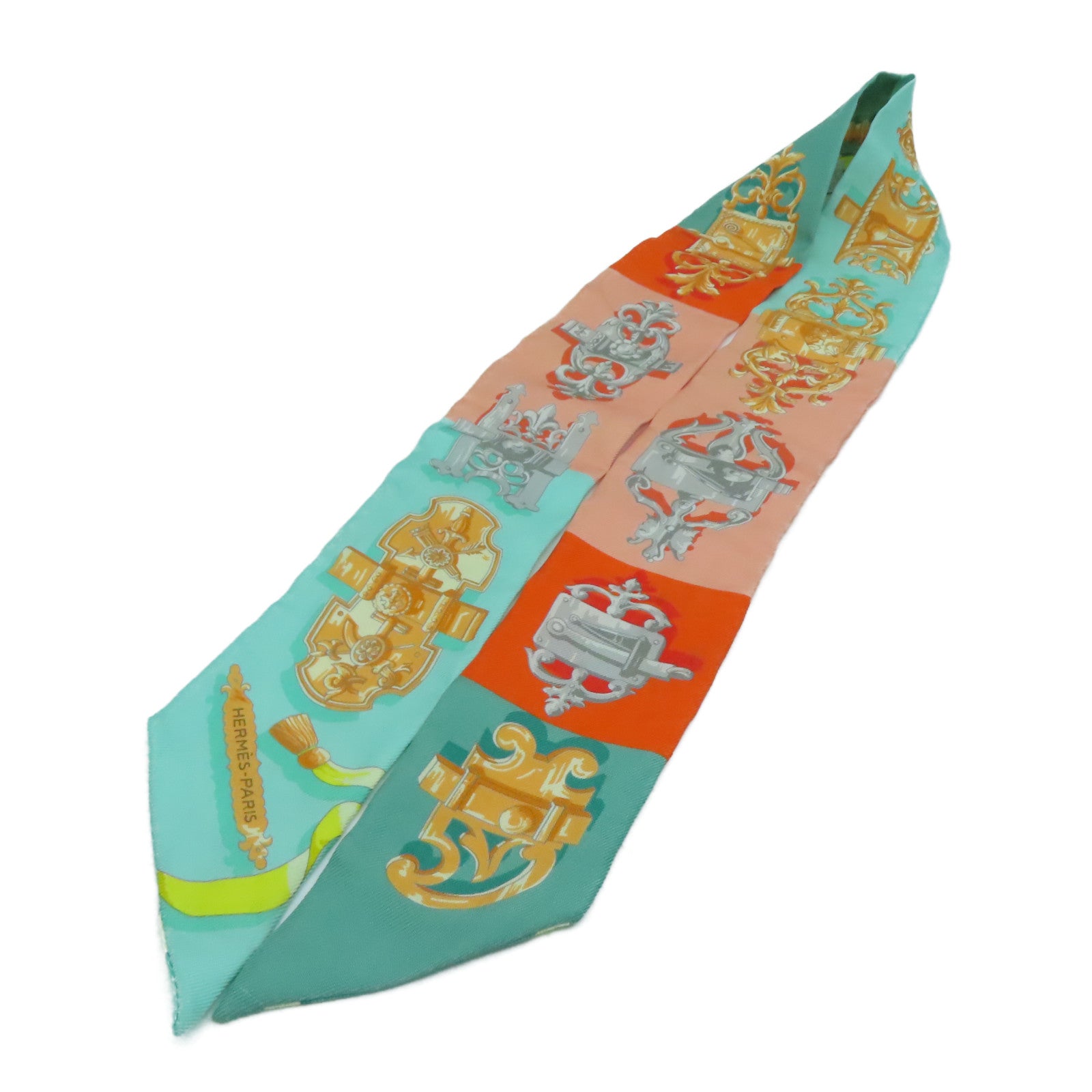HERMES 絲質Twilly Scarf圍巾橙色/綠色