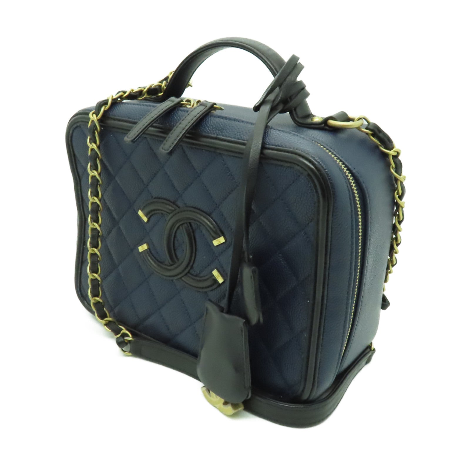 CHANEL 【激減優惠】菱格Caviar皮革Filigree Vanity Case金扣手挽肩背兩用袋藍色