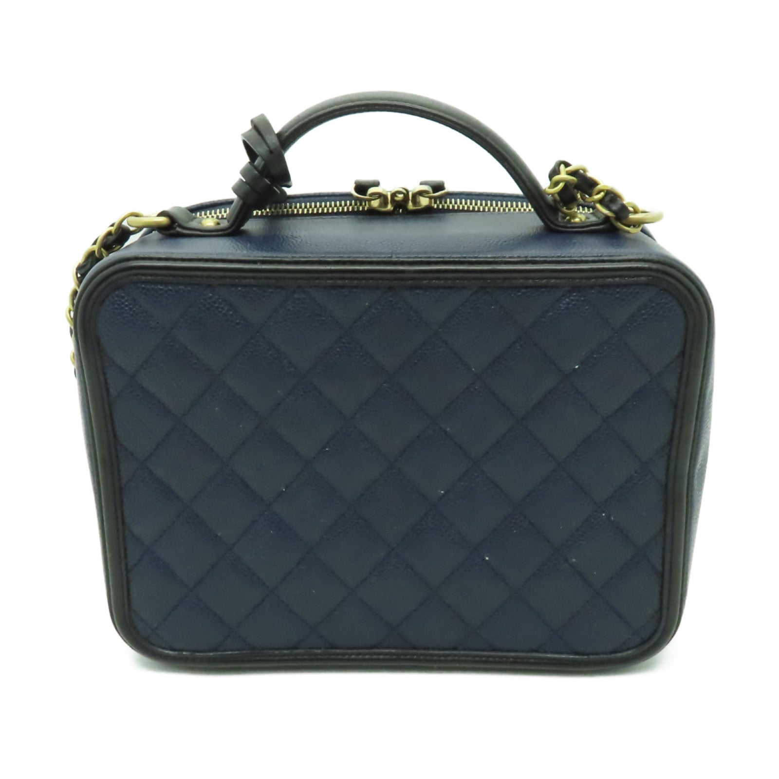 CHANEL 【激減優惠】菱格Caviar皮革Filigree Vanity Case金扣手挽肩背兩用袋藍色