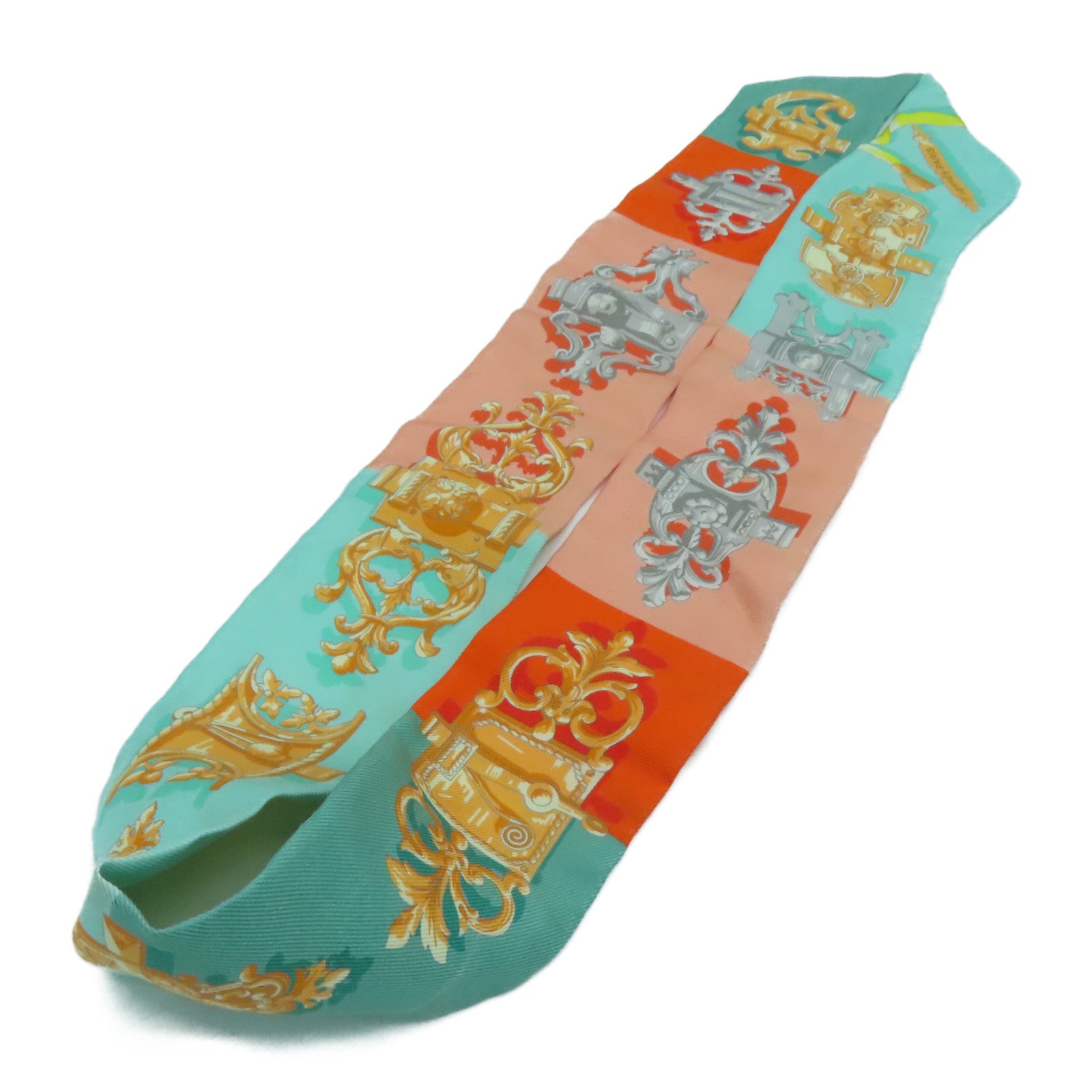 HERMES 絲質Twilly Scarf圍巾橙色/綠色