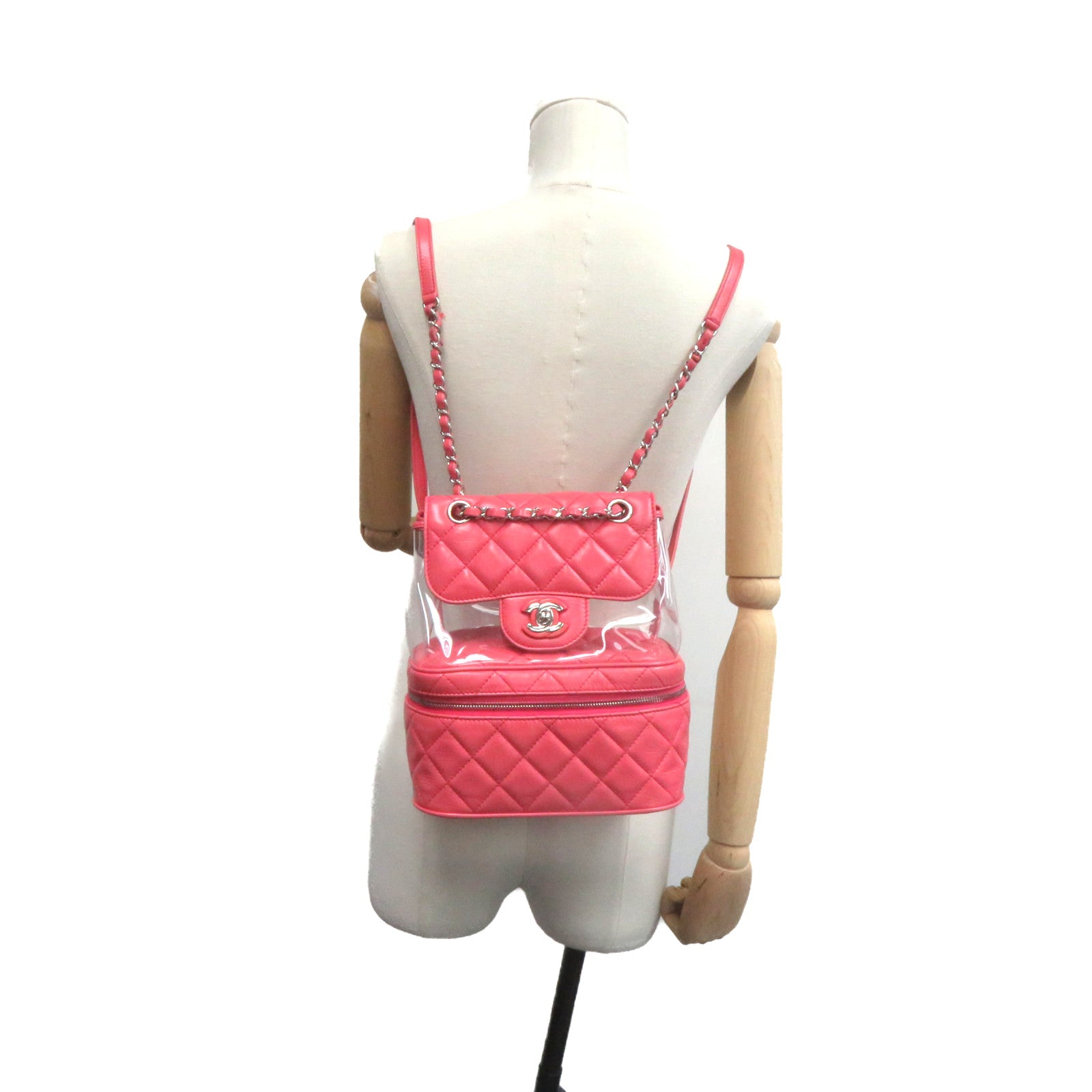 CHANEL 菱格牛皮皮革/PVC Backpack银扣背包粉红色