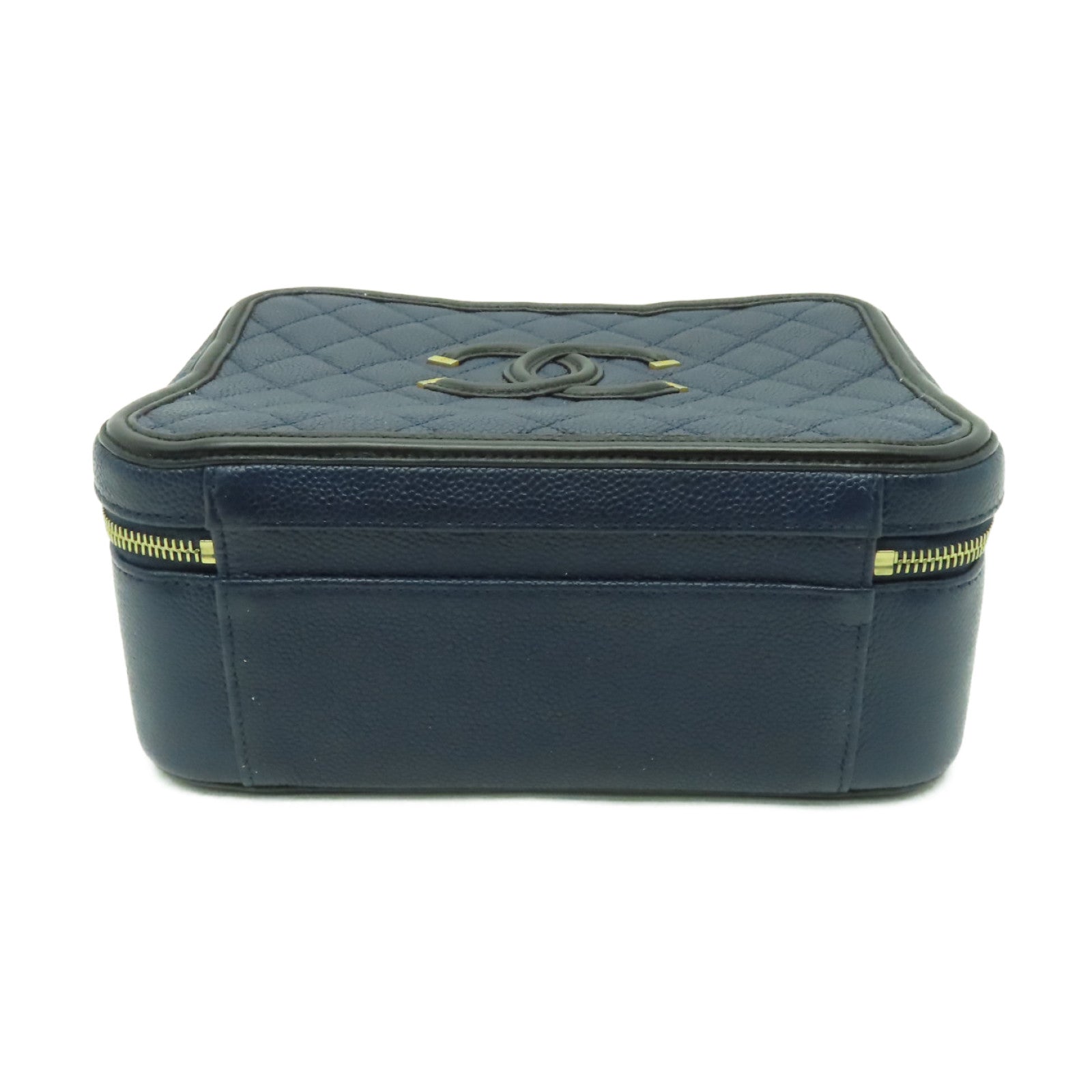 CHANEL 【激減優惠】菱格Caviar皮革Filigree Vanity Case金扣手挽肩背兩用袋藍色