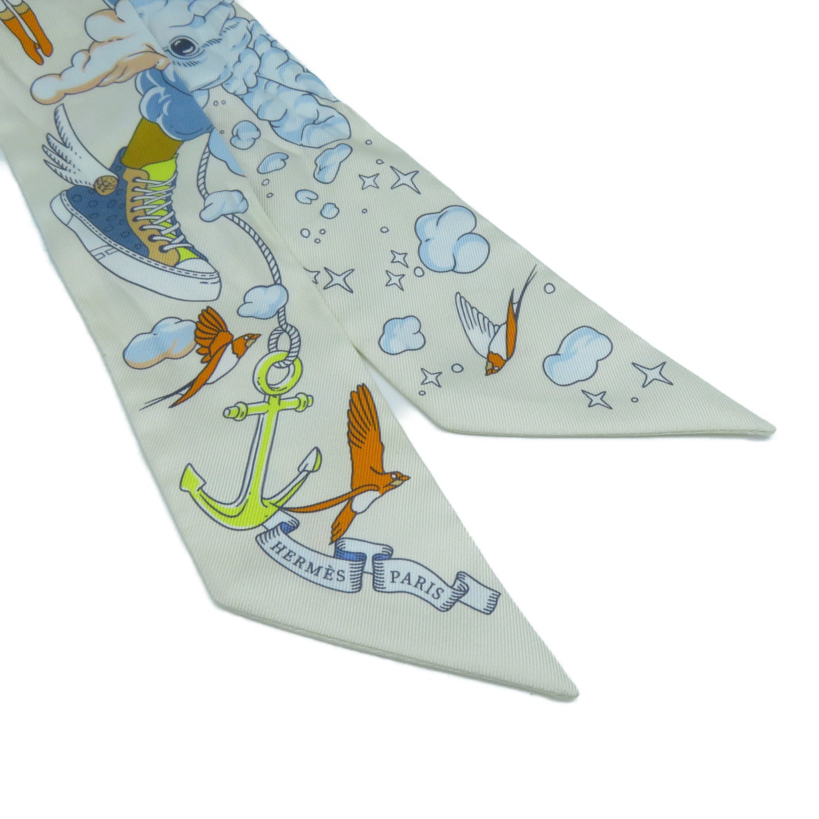 HERMES 絲質Twilly絲巾米色/藍色