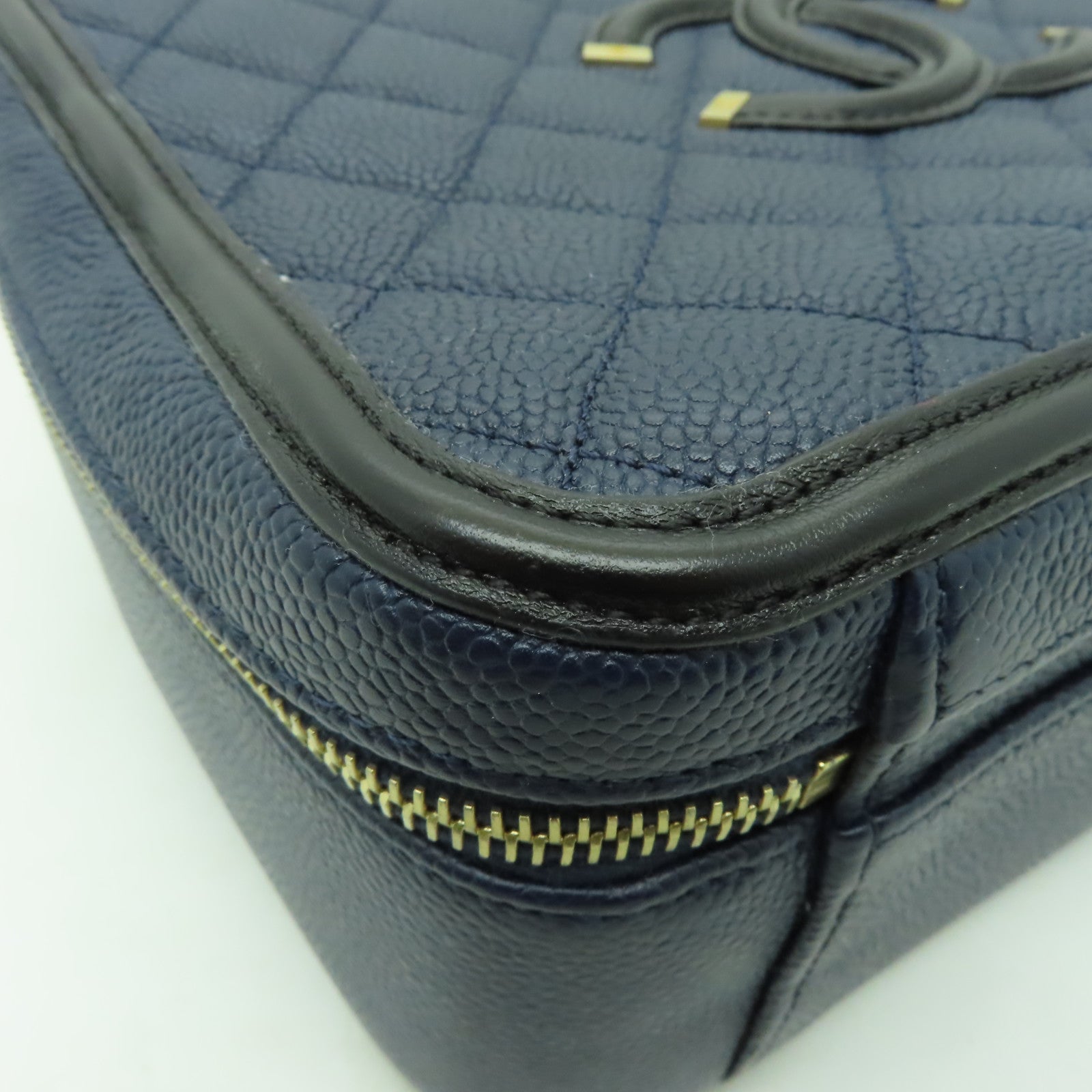 CHANEL 【激減優惠】菱格Caviar皮革Filigree Vanity Case金扣手挽肩背兩用袋藍色