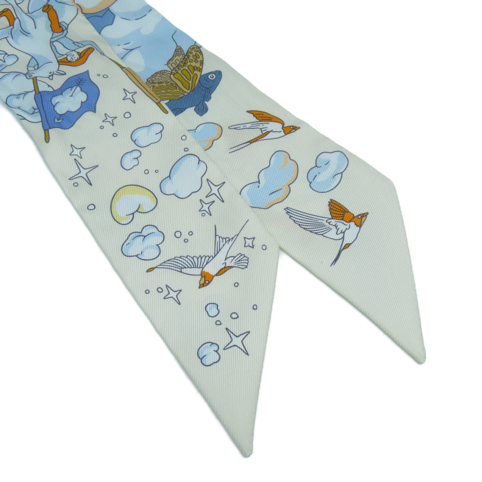 HERMES 絲質Twilly絲巾米色/藍色