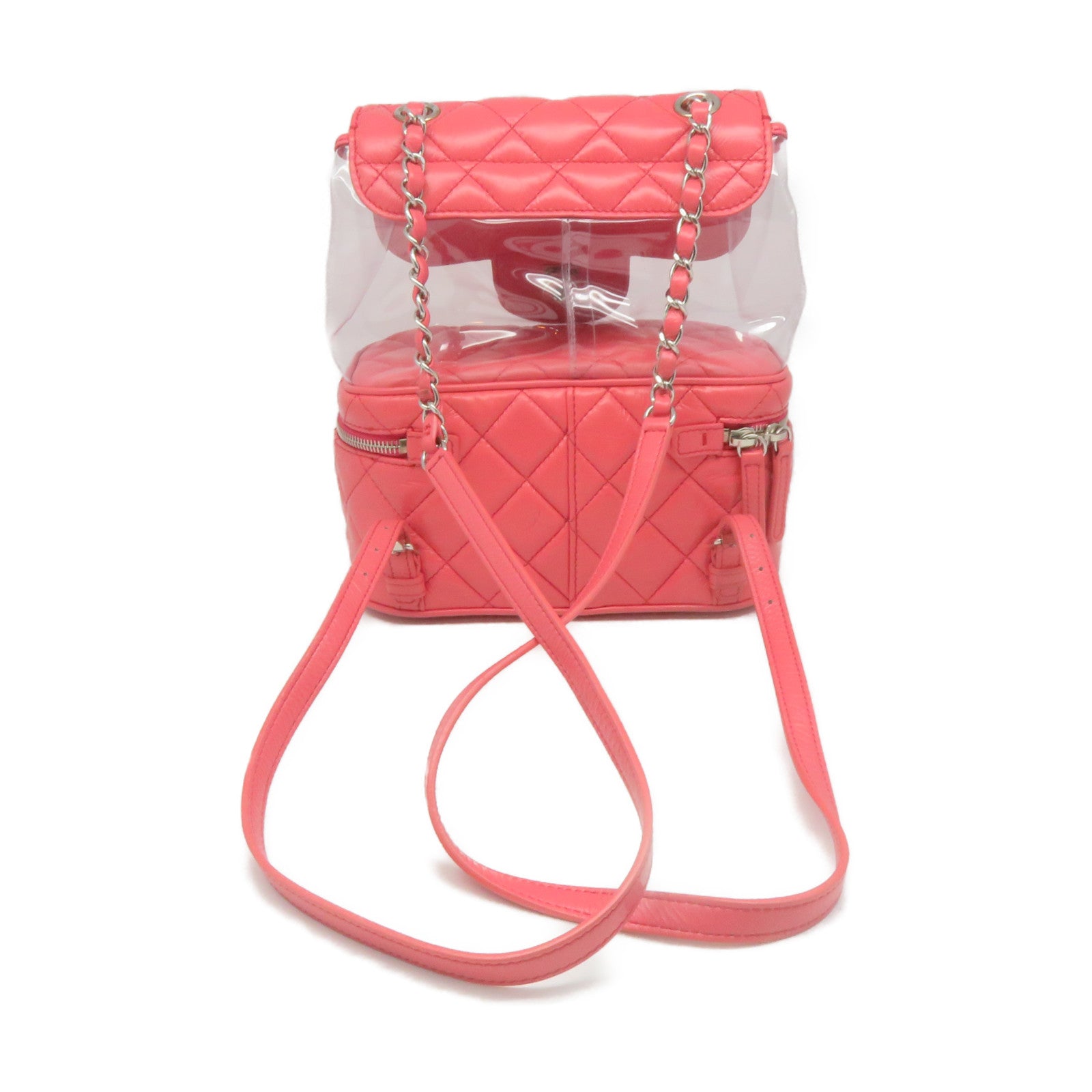 CHANEL 菱格牛皮皮革/PVC Backpack银扣背包粉红色
