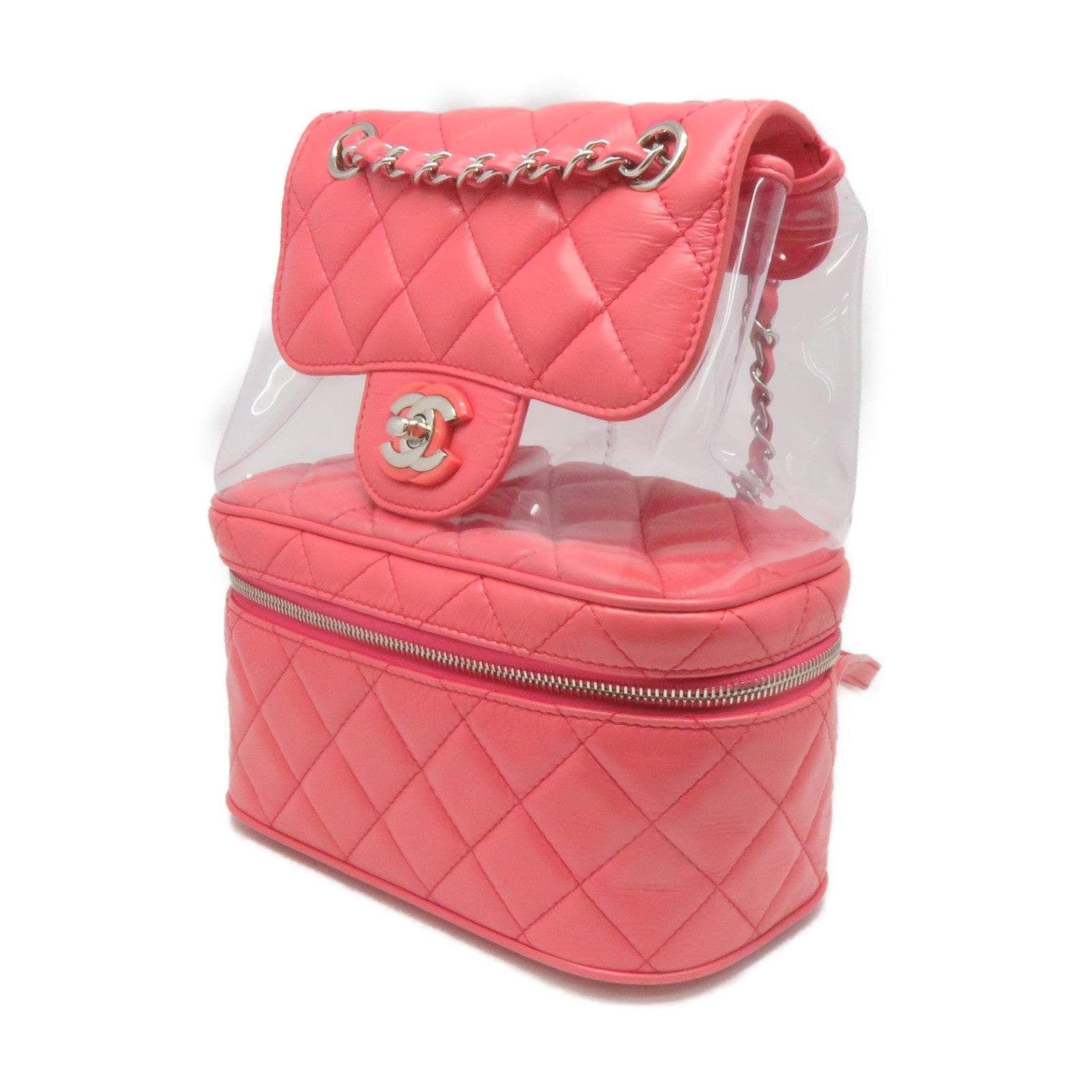 CHANEL 菱格牛皮皮革/PVC Backpack银扣背包粉红色
