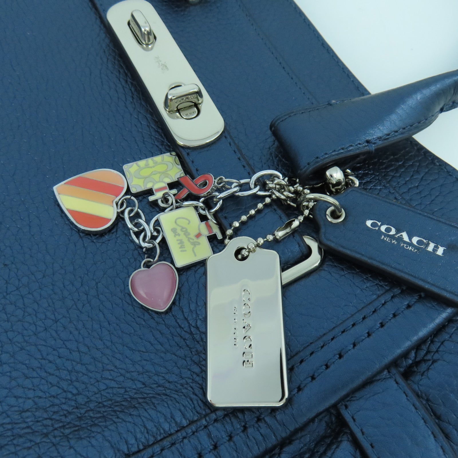 COACH 牛皮皮革2 Way Shoulder銀扣手挽肩背兩用袋藍色