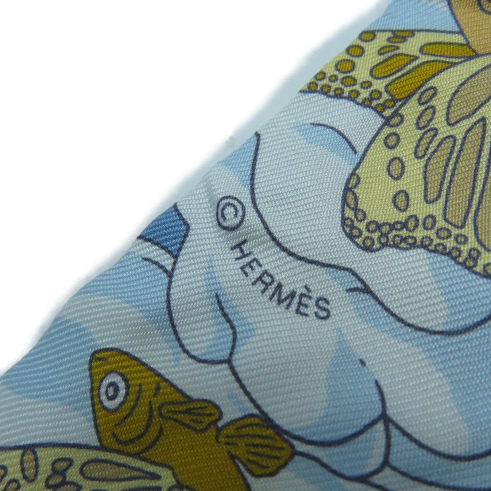 HERMES 絲質Twilly絲巾米色/藍色