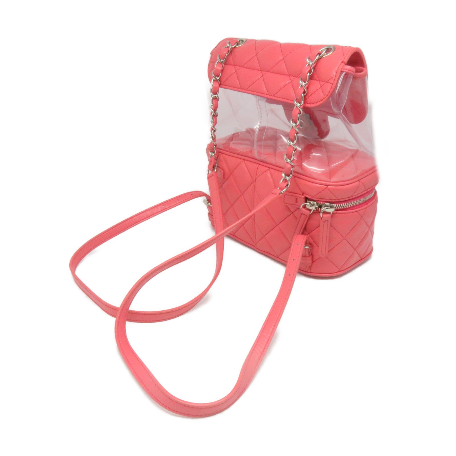 CHANEL 菱格牛皮皮革/PVC Backpack银扣背包粉红色