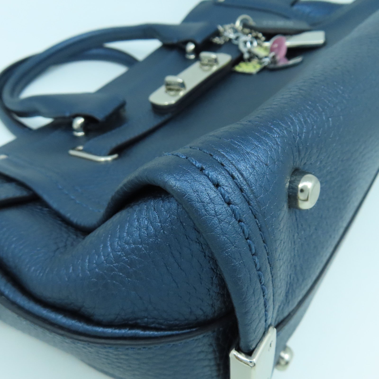 COACH 牛皮皮革2 Way Shoulder銀扣手挽肩背兩用袋藍色