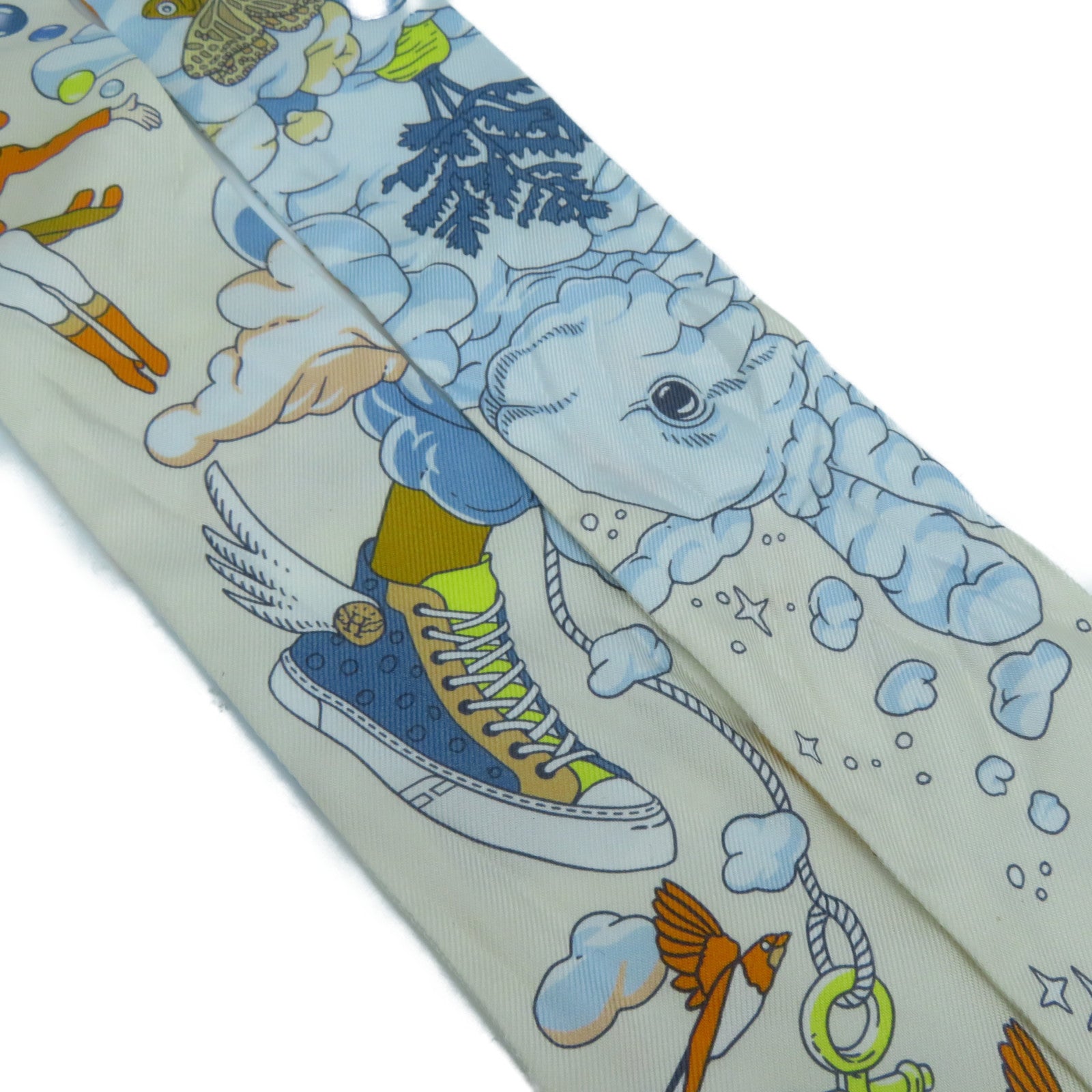 HERMES 絲質Twilly絲巾米色/藍色
