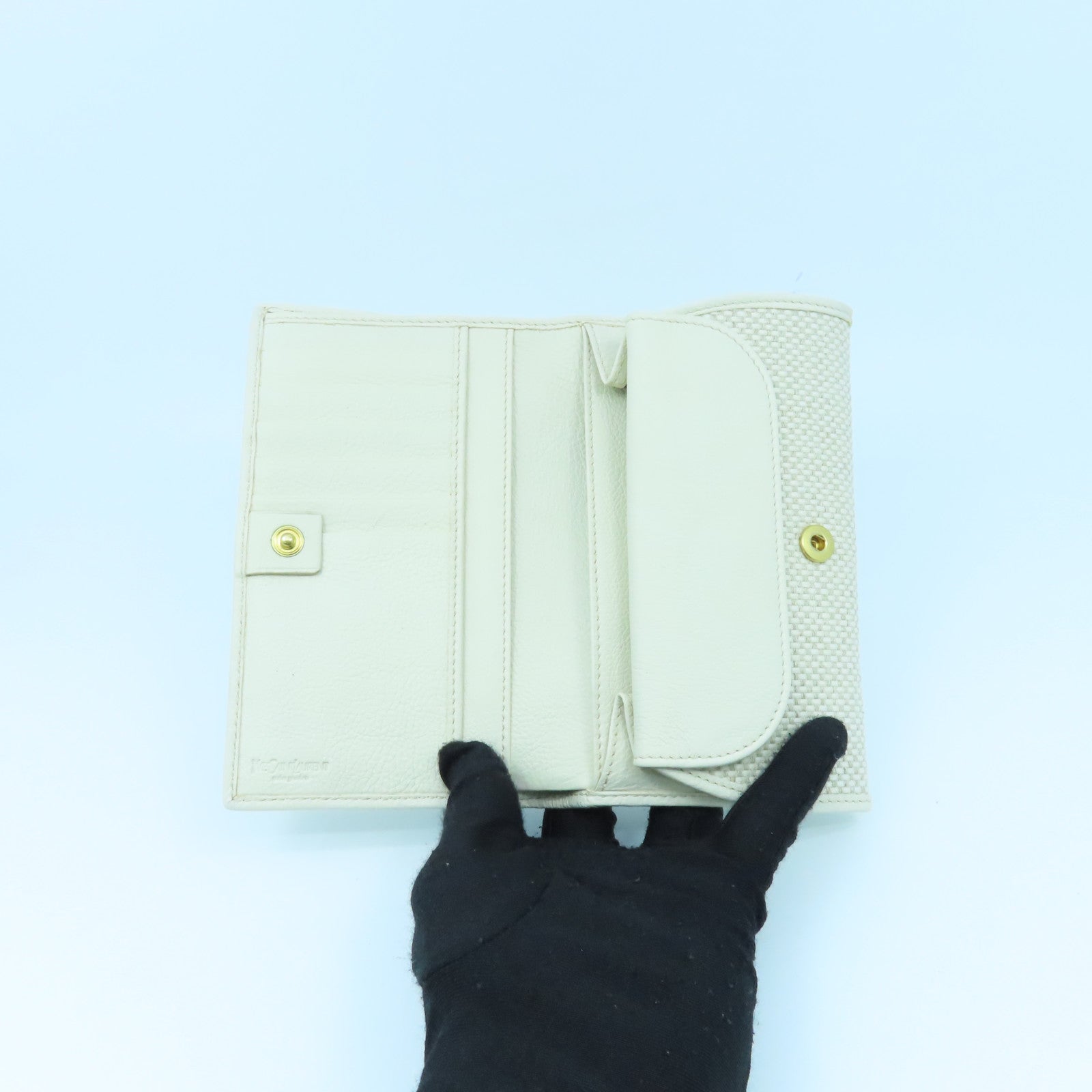 SAINT LAURENT 帆布Wallet金扣钱包米色/白色