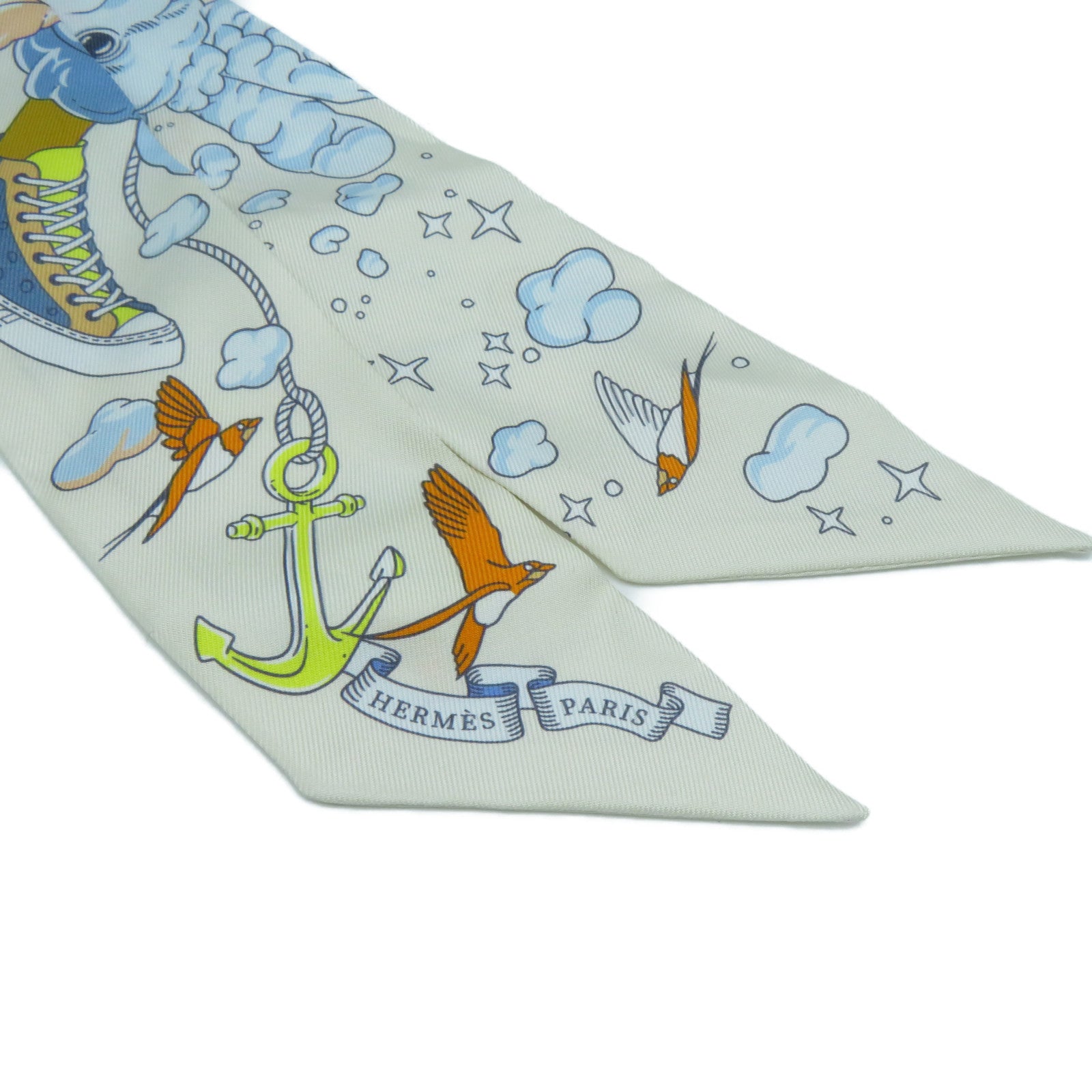 HERMES 絲質Twilly絲巾米色/藍色