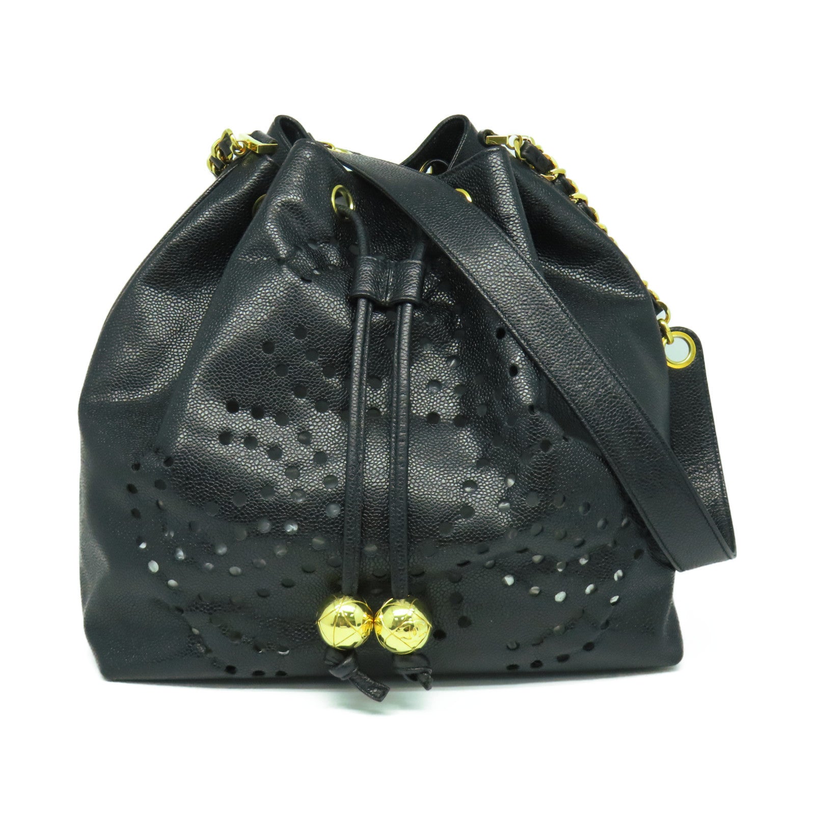CHANEL Caviar皮革Drawstring Shoulder Bag金扣鏈帶肩背袋黑色