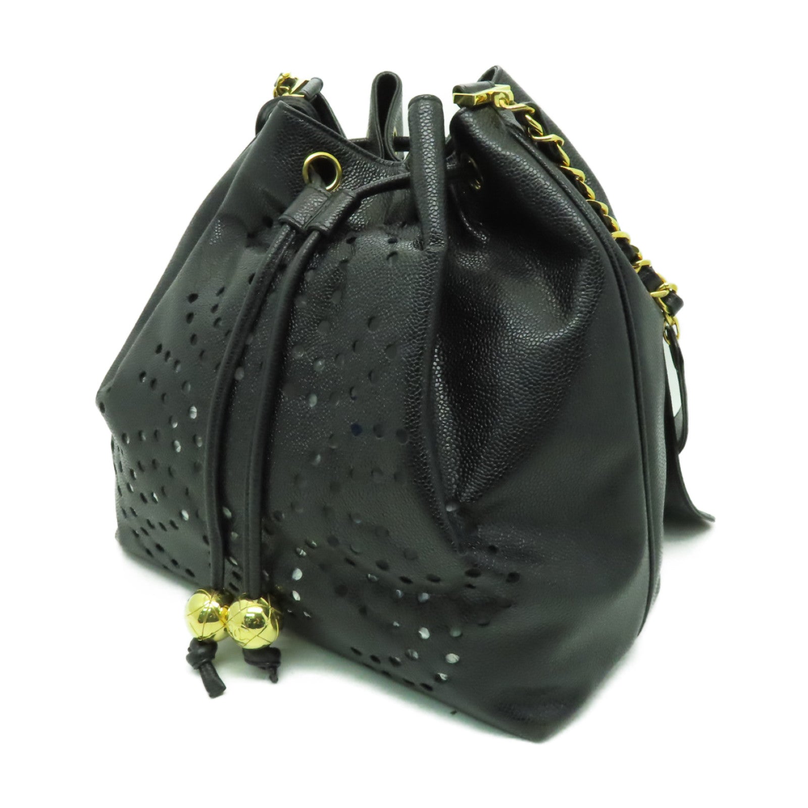 CHANEL Caviar皮革Drawstring Shoulder Bag金扣鏈帶肩背袋黑色