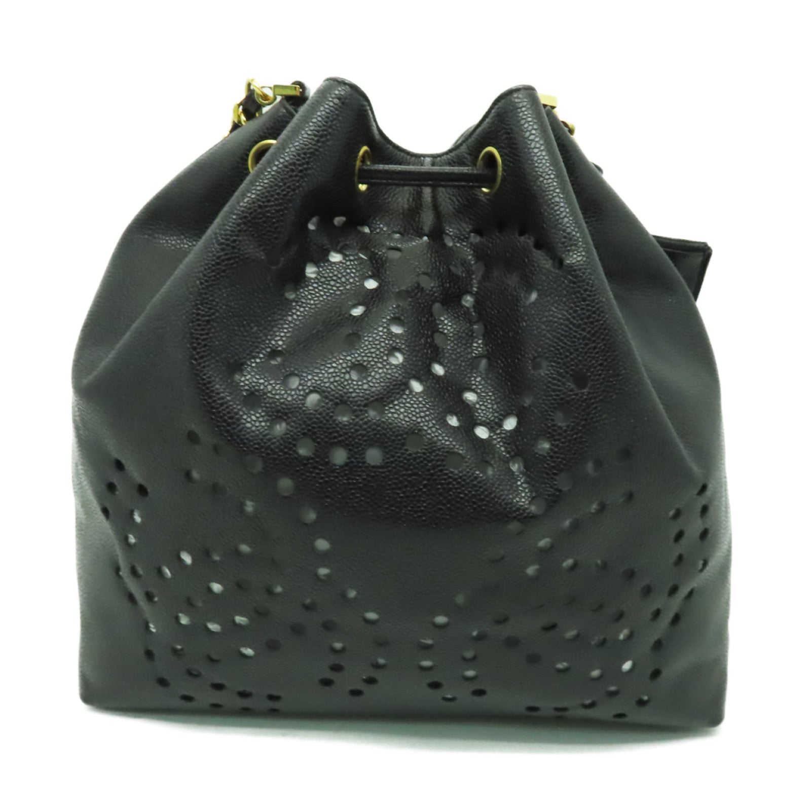 CHANEL Caviar皮革Drawstring Shoulder Bag金扣鏈帶肩背袋黑色