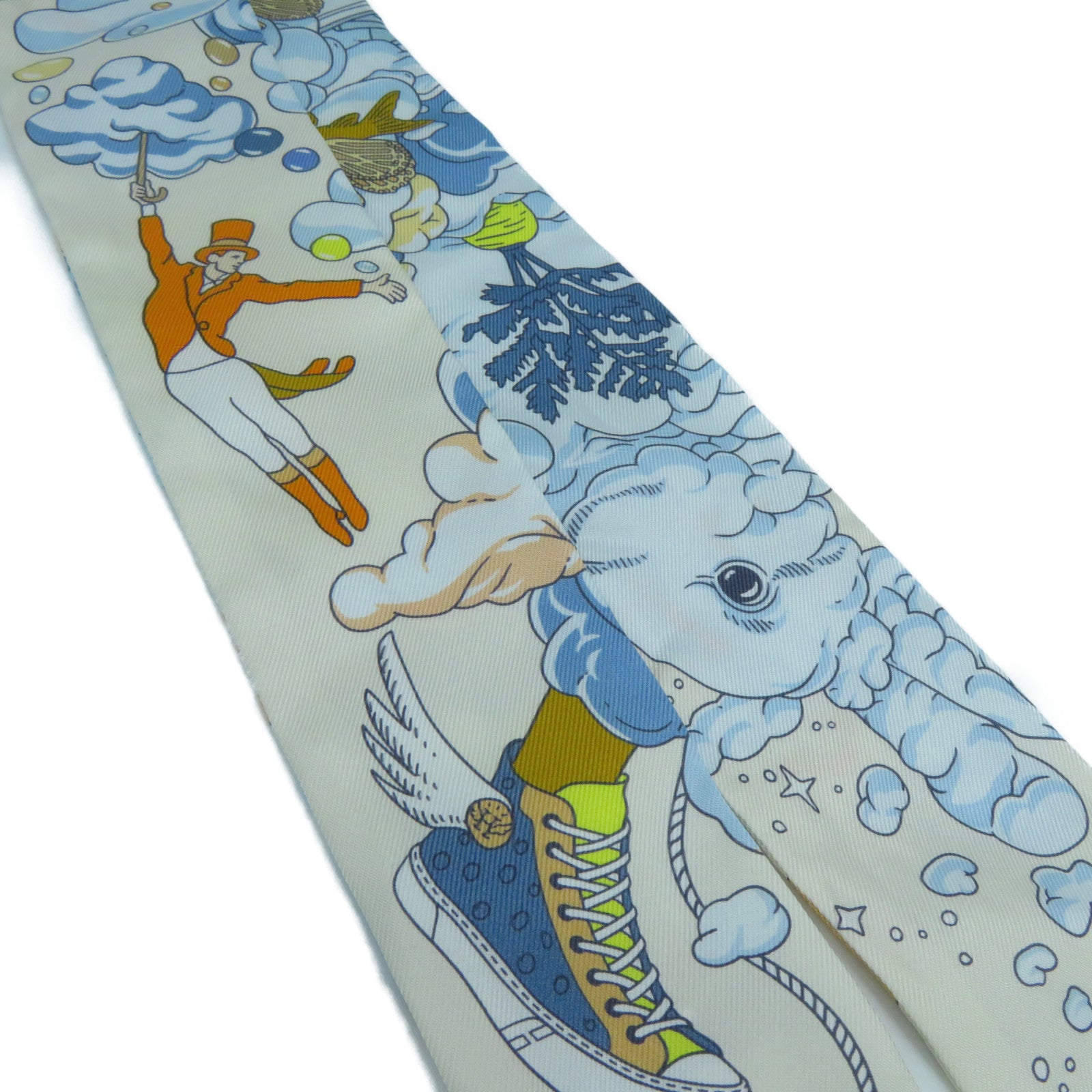 HERMES 絲質Twilly絲巾米色/藍色