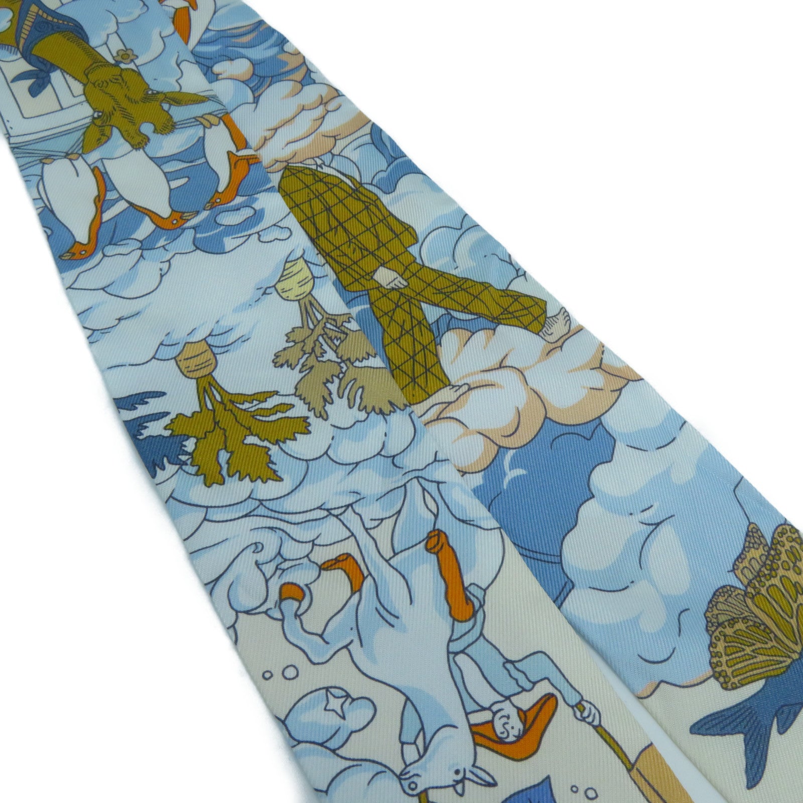 HERMES 絲質Twilly絲巾米色/藍色